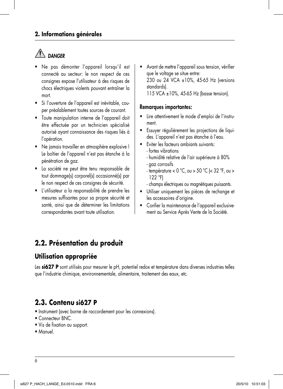 Contenu, Présentation du produit, Si627 p | Utilisation appropriée | Hach-Lange SI627 P User Manual | Page 76 / 116