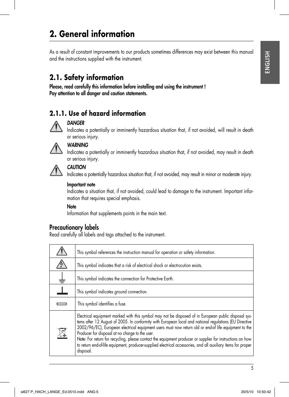General information, Safety information, Use of hazard information | Precautionary labels | Hach-Lange SI627 P User Manual | Page 9 / 116