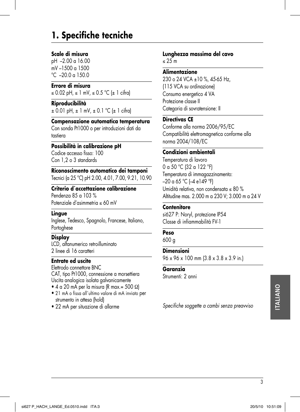 Specifiche tecniche | Hach-Lange SI627 P User Manual | Page 95 / 116