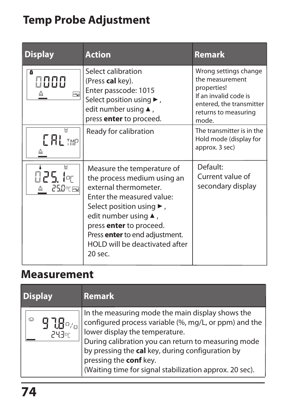 Temp probe adjustment, Measurement | Hach-Lange SI794 D User Manual User Manual | Page 74 / 108