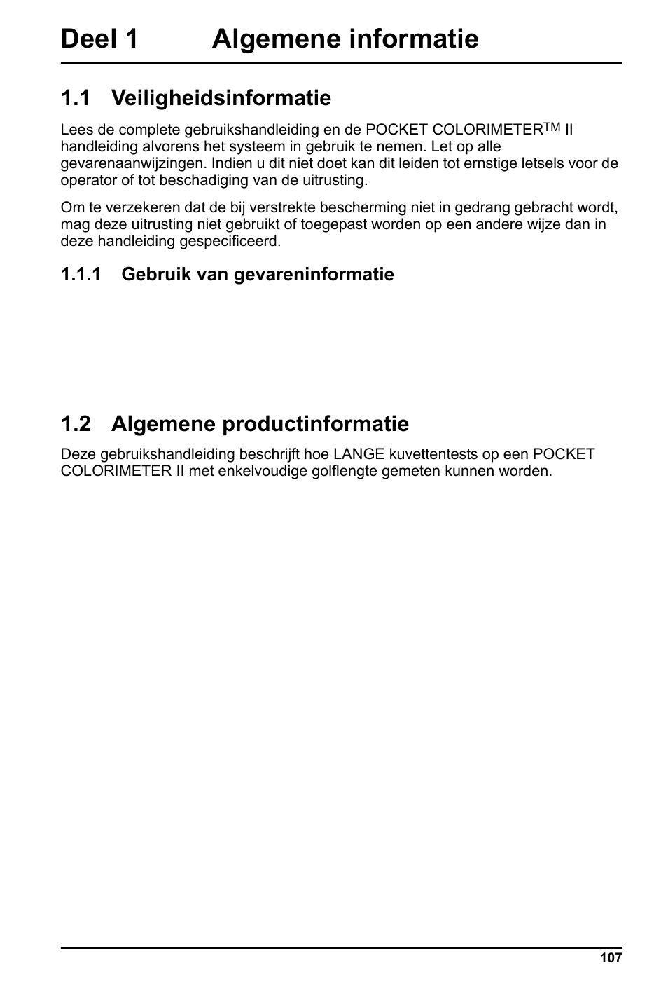 Deel 1 algemene informatie, 1 veiligheidsinformatie, 2 algemene productinformatie | Hach-Lange LCK 348_349_350 User Manual | Page 107 / 142