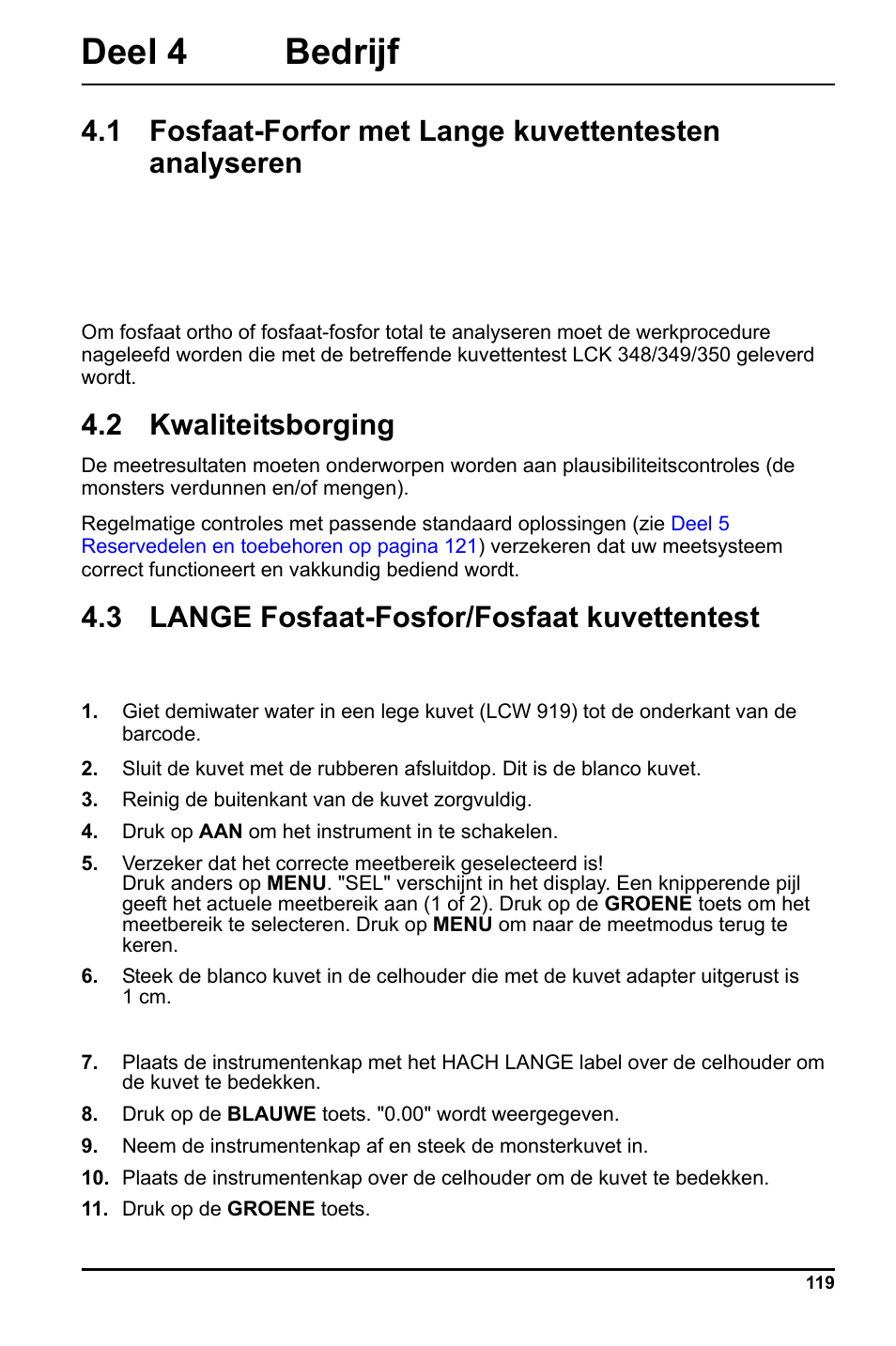 Deel 4 bedrijf, 3 lange fosfaat-fosfor/fosfaat, 2 kwaliteitsborging | 3 lange fosfaat-fosfor/fosfaat kuvettentest | Hach-Lange LCK 348_349_350 User Manual | Page 119 / 142