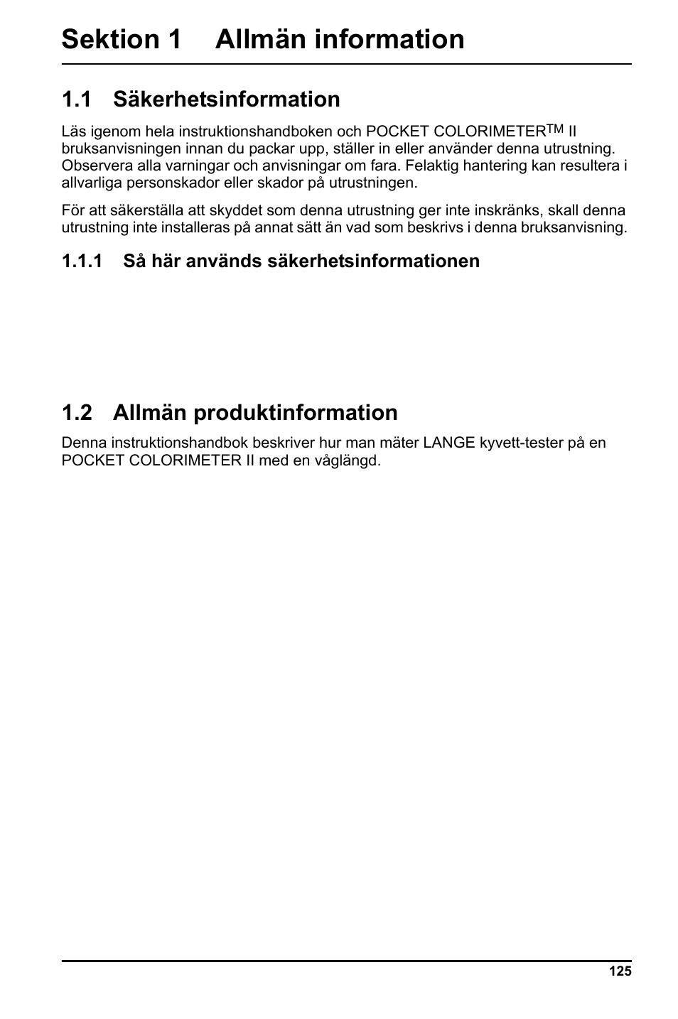 Sektion 1 allmän information, 1 säkerhetsinformation, 2 allmän produktinformation | Hach-Lange LCK 348_349_350 User Manual | Page 125 / 142