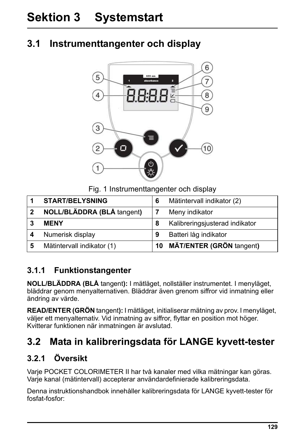 Sektion 3 systemstart, 1 instrumenttangenter och display, 2 mata in kalibreringsdata för lange kyvett-tester | 1 funktionstangenter, 1 översikt | Hach-Lange LCK 348_349_350 User Manual | Page 129 / 142