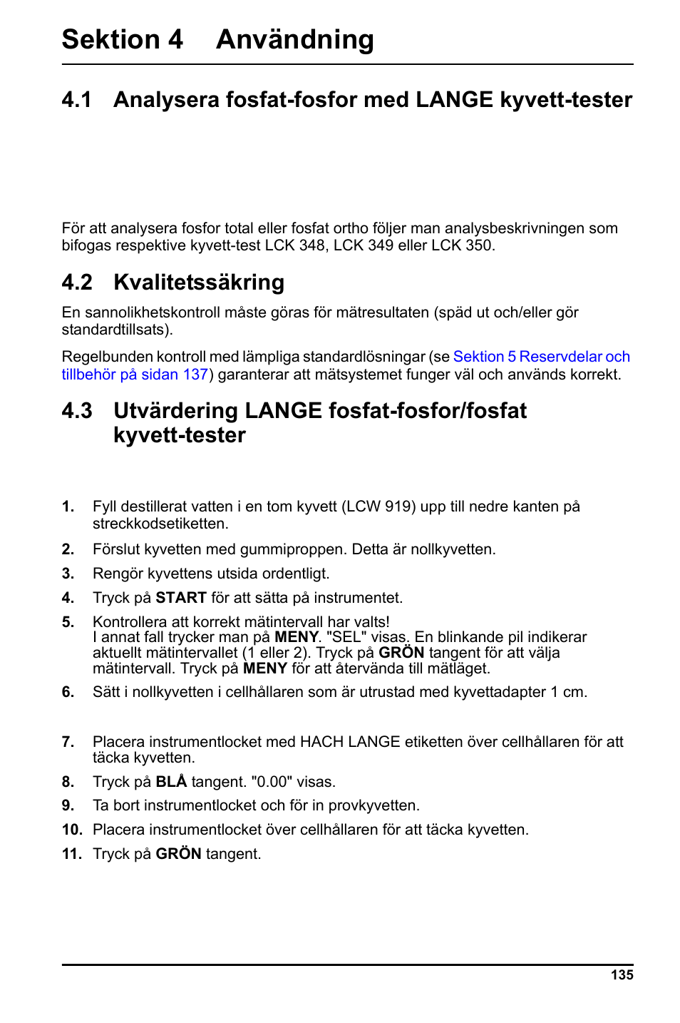 Sektion 4 användning, 1 analysera fosfat-fosfor med lange kyvett-tester, 2 kvalitetssäkring | Hach-Lange LCK 348_349_350 User Manual | Page 135 / 142