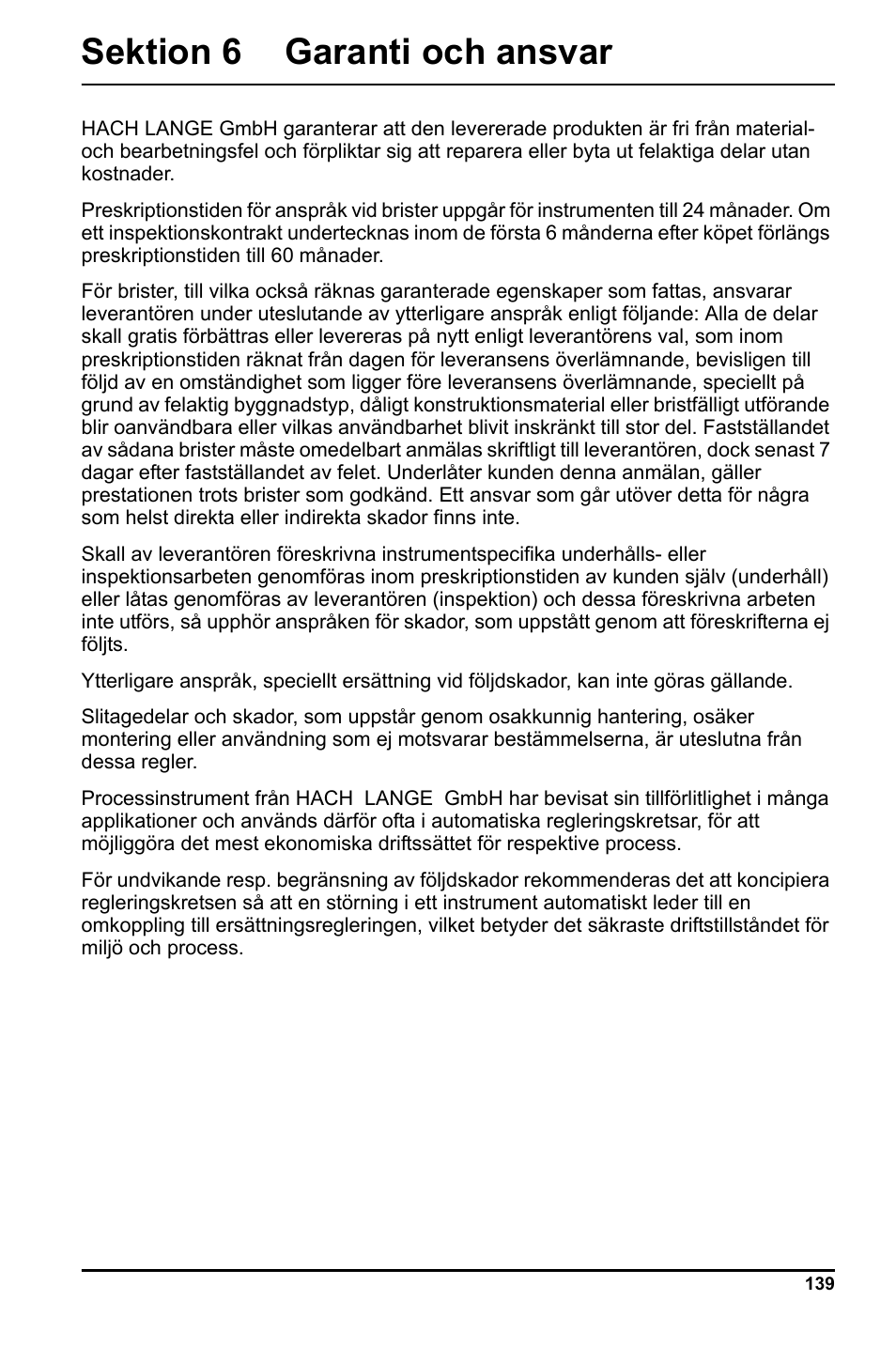 Sektion 6 garanti och ansvar | Hach-Lange LCK 348_349_350 User Manual | Page 139 / 142