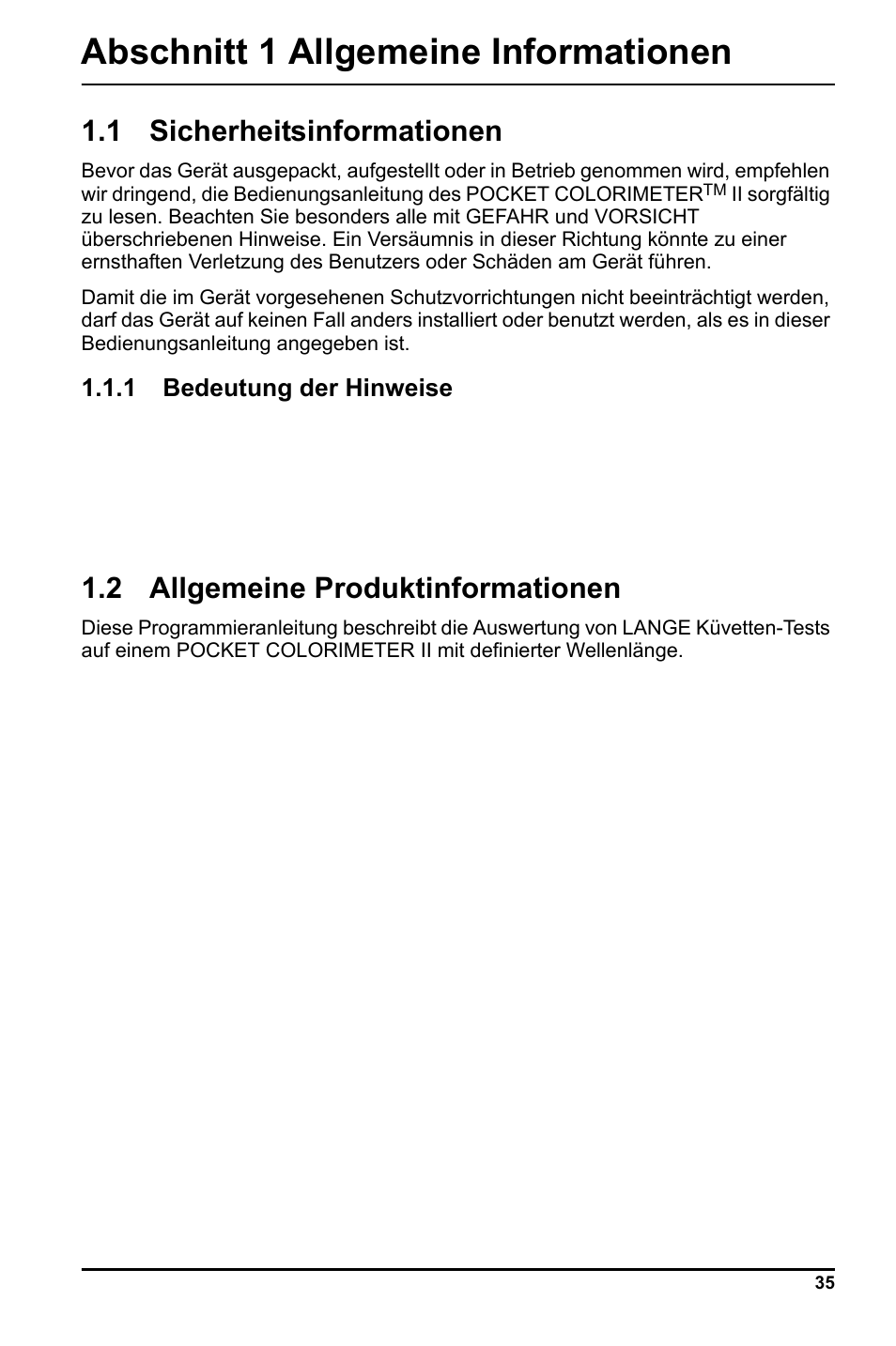 Abschnitt 1 allgemeine informationen, 1 sicherheitsinformationen, 2 allgemeine produktinformationen | Hach-Lange LCK 348_349_350 User Manual | Page 35 / 142