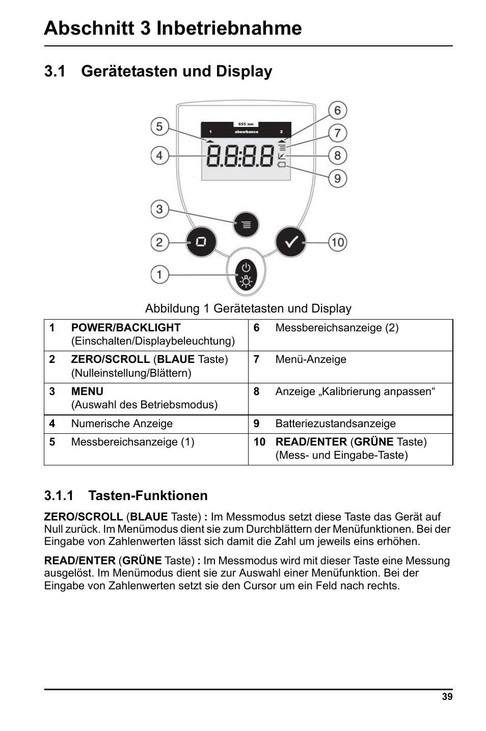 Abschnitt 3 inbetriebnahme, 1 gerätetasten und display, 1 tasten-funktionen | Abbildung 1 gerätetasten und display | Hach-Lange LCK 348_349_350 User Manual | Page 39 / 142