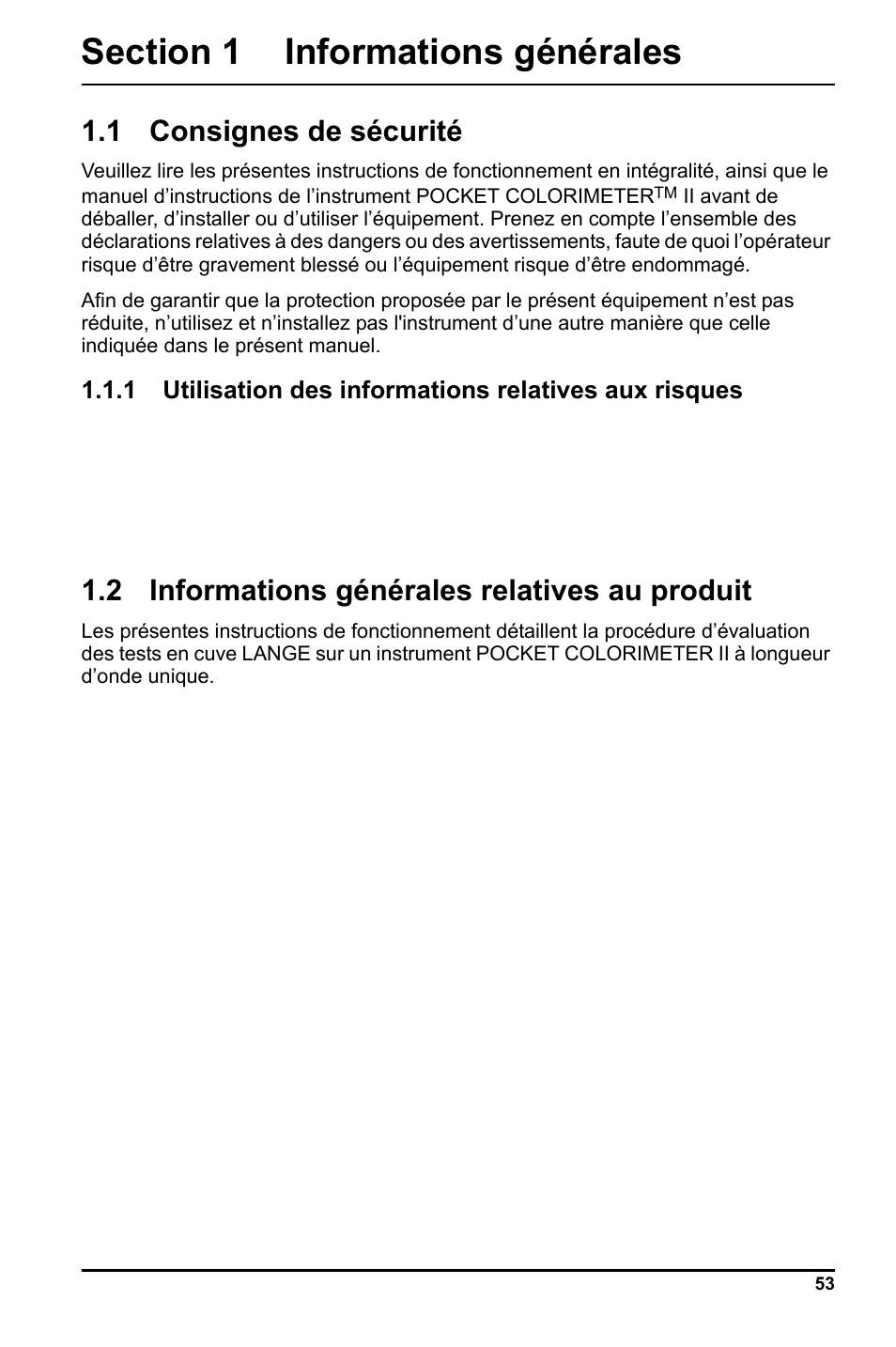 Section 1 informations générales, 1 consignes de sécurité, 2 informations générales relatives au produit | Hach-Lange LCK 348_349_350 User Manual | Page 53 / 142