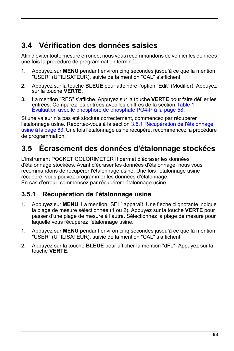 Section, 4 vérification des données saisies, 5 écrasement des données d'étalonnage stockées | 1 récupération de l'étalonnage usine | Hach-Lange LCK 348_349_350 User Manual | Page 63 / 142
