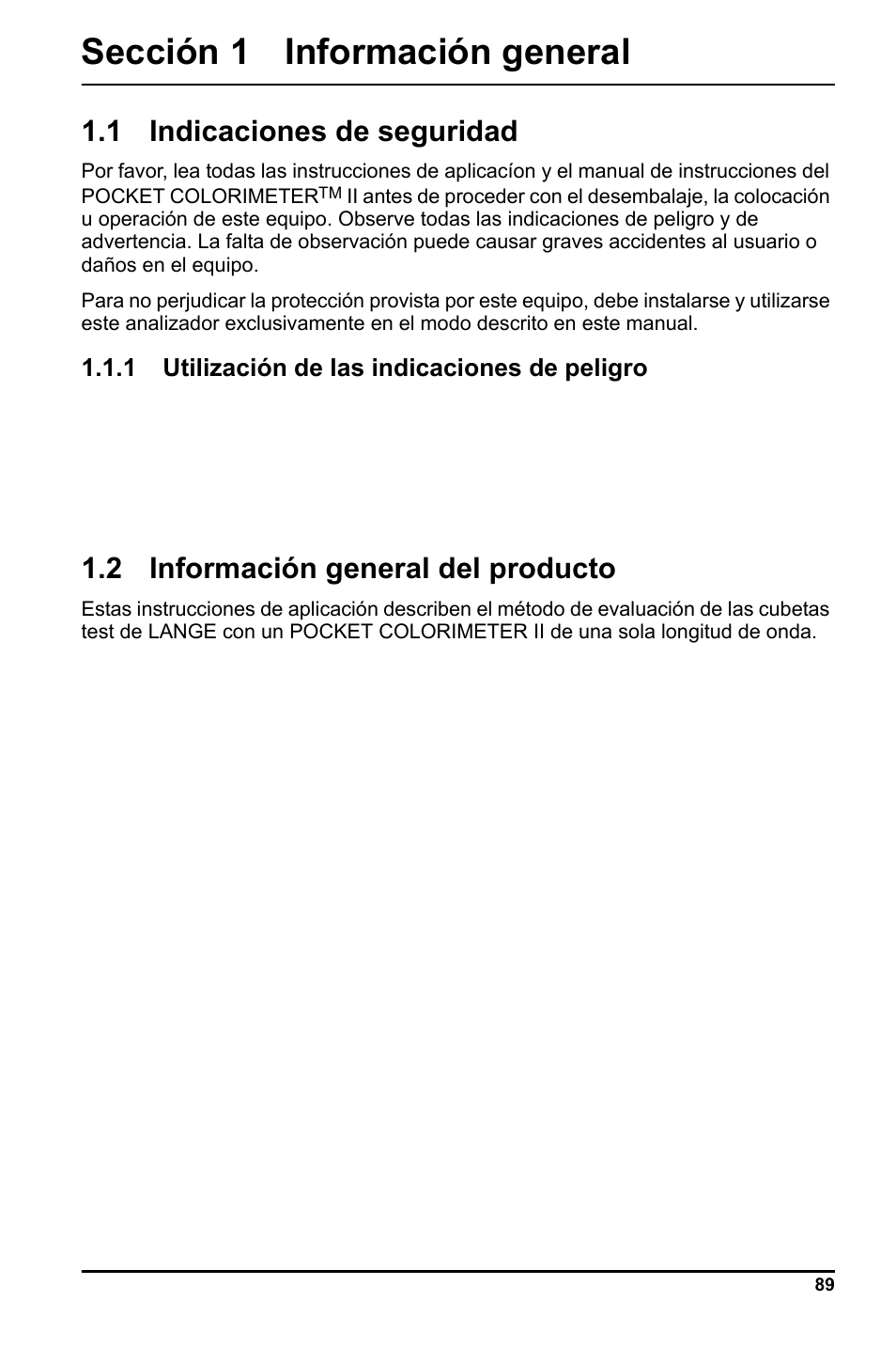 Sección 1 información general, 1 indicaciones de seguridad, 2 información general del producto | Hach-Lange LCK 348_349_350 User Manual | Page 89 / 142
