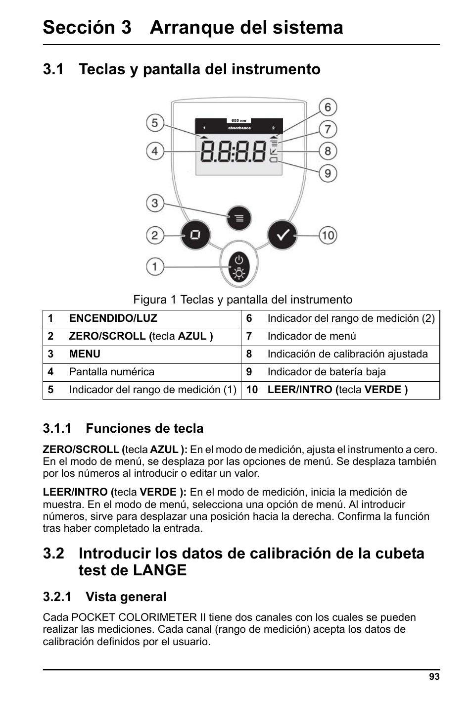 Sección 3 arranque del sistema, 1 teclas y pantalla del instrumento, 1 funciones de tecla | 1 vista general | Hach-Lange LCK 348_349_350 User Manual | Page 93 / 142