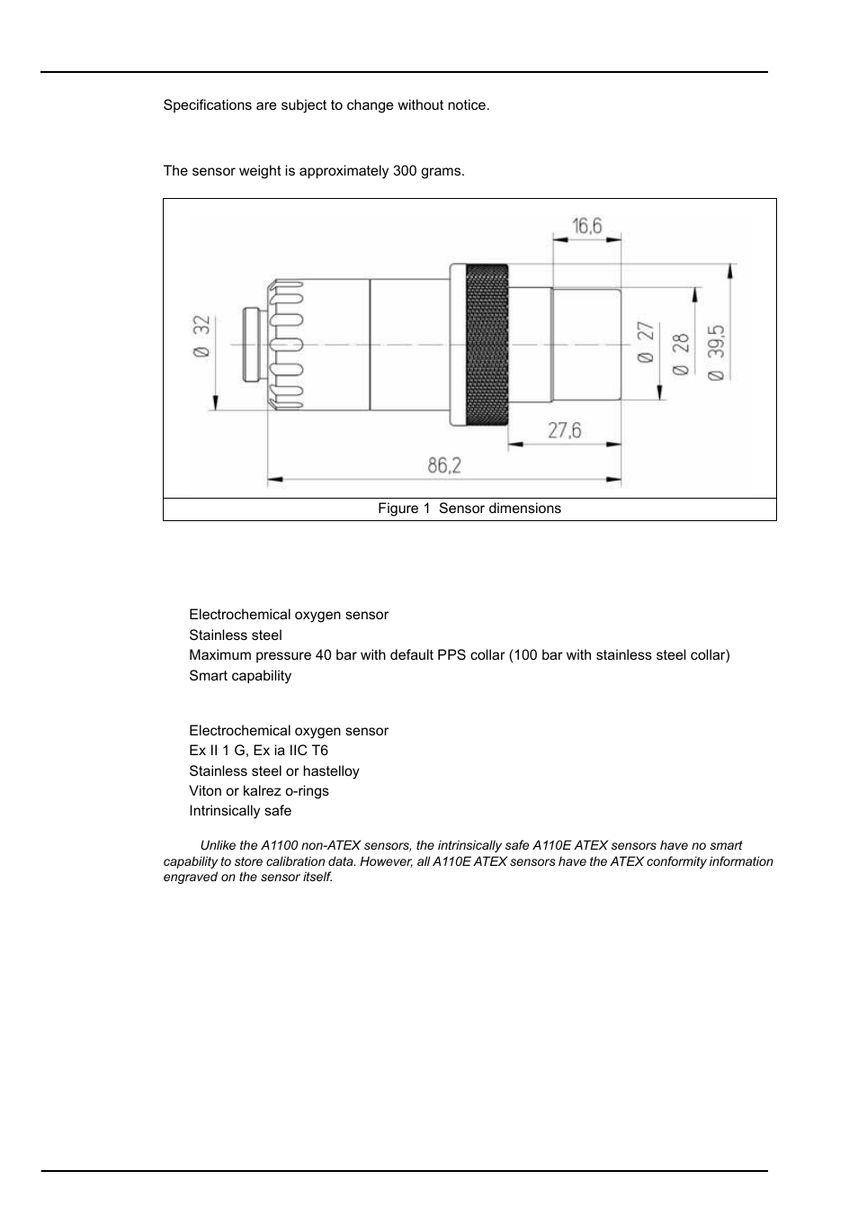 Section 2 technical specifications, 1 sensor weight and dimensions, 2 orbisphere family of a1100 oxygen sensors | Hach-Lange ORBISPHERE A1100 Family User Manual | Page 11 / 48