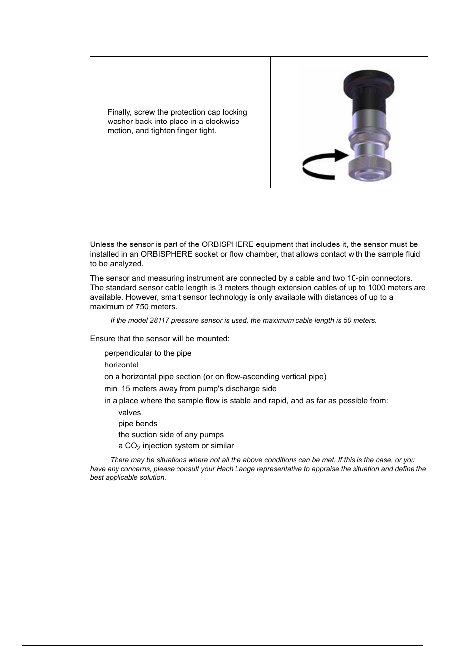 2 sensor installation, 1 sensor positioning information, Installation | Hach-Lange ORBISPHERE A1100 Family User Manual | Page 24 / 48