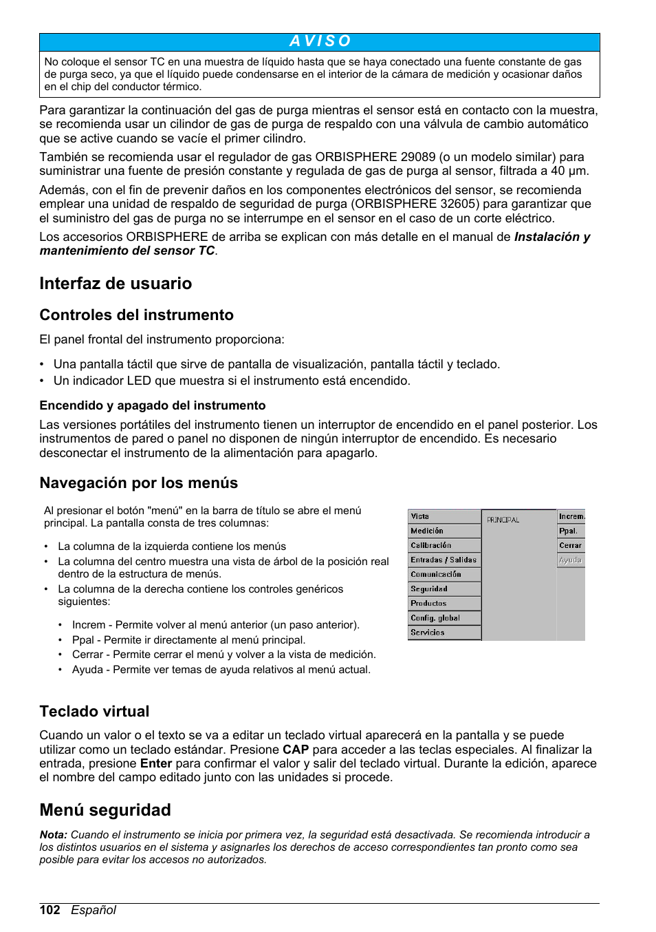 Interfaz de usuario, Controles del instrumento, Navegación por los menús | Teclado virtual, Menú seguridad | Hach-Lange ORBISPHERE 510_51x Basic User Manual User Manual | Page 102 / 204