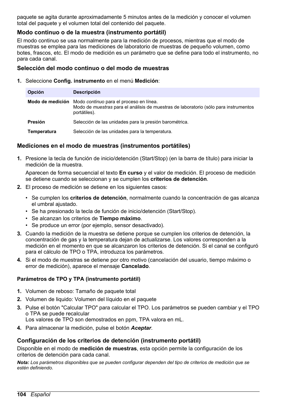 Selección del modo continuo o del modo de muestras, Parámetros de tpo y tpa (instrumento portátil) | Hach-Lange ORBISPHERE 510_51x Basic User Manual User Manual | Page 104 / 204