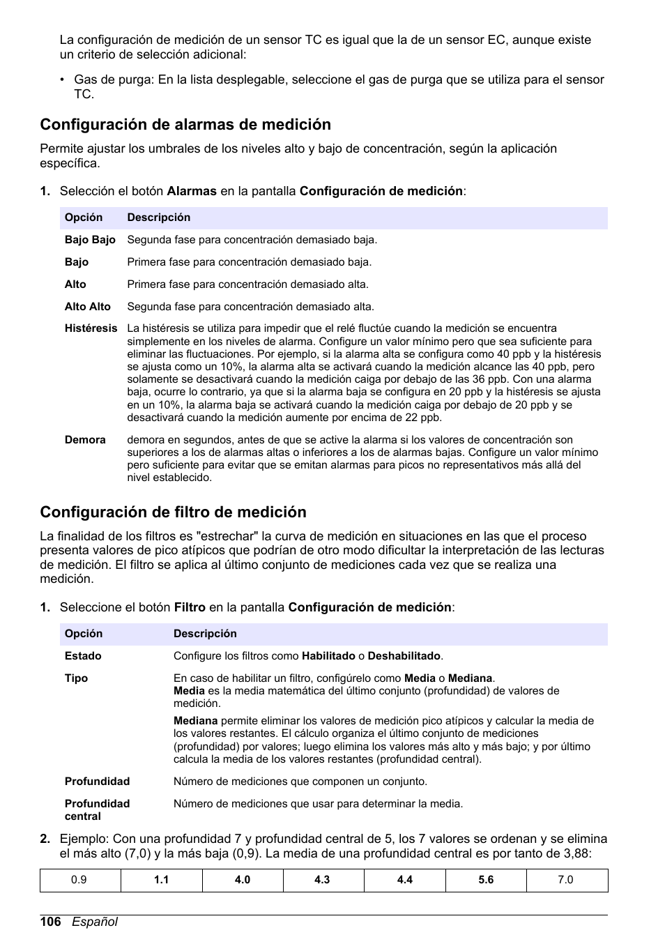 Configuración de alarmas de medición, Configuración de filtro de medición | Hach-Lange ORBISPHERE 510_51x Basic User Manual User Manual | Page 106 / 204