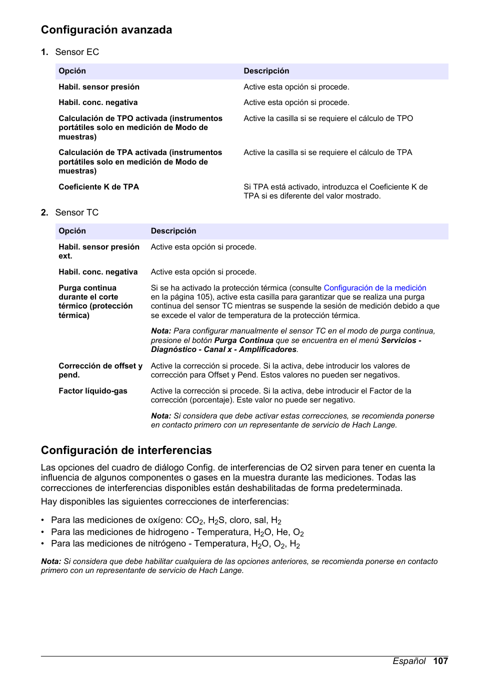 Configuración avanzada, Configuración de interferencias | Hach-Lange ORBISPHERE 510_51x Basic User Manual User Manual | Page 107 / 204