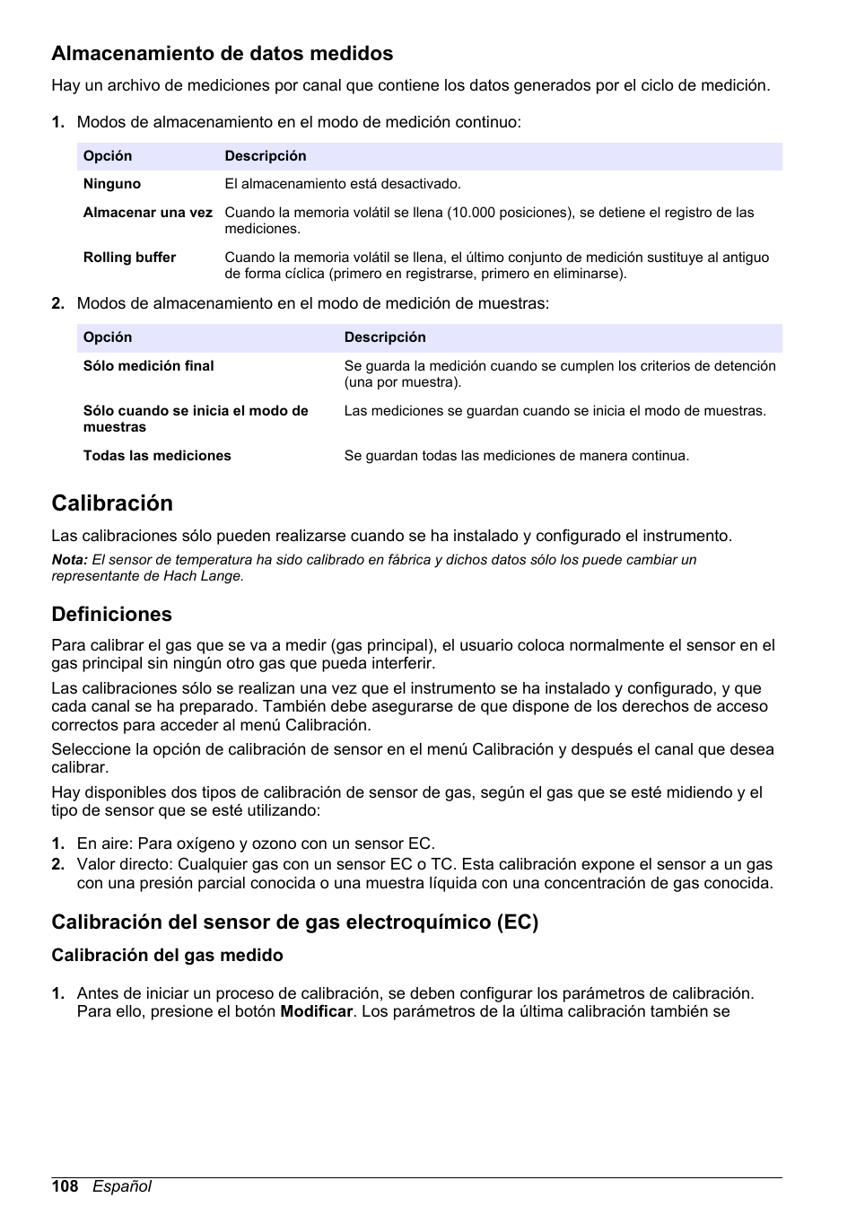 Almacenamiento de datos medidos, Calibración, Definiciones | Calibración del sensor de gas electroquímico (ec), Calibración del gas medido | Hach-Lange ORBISPHERE 510_51x Basic User Manual User Manual | Page 108 / 204