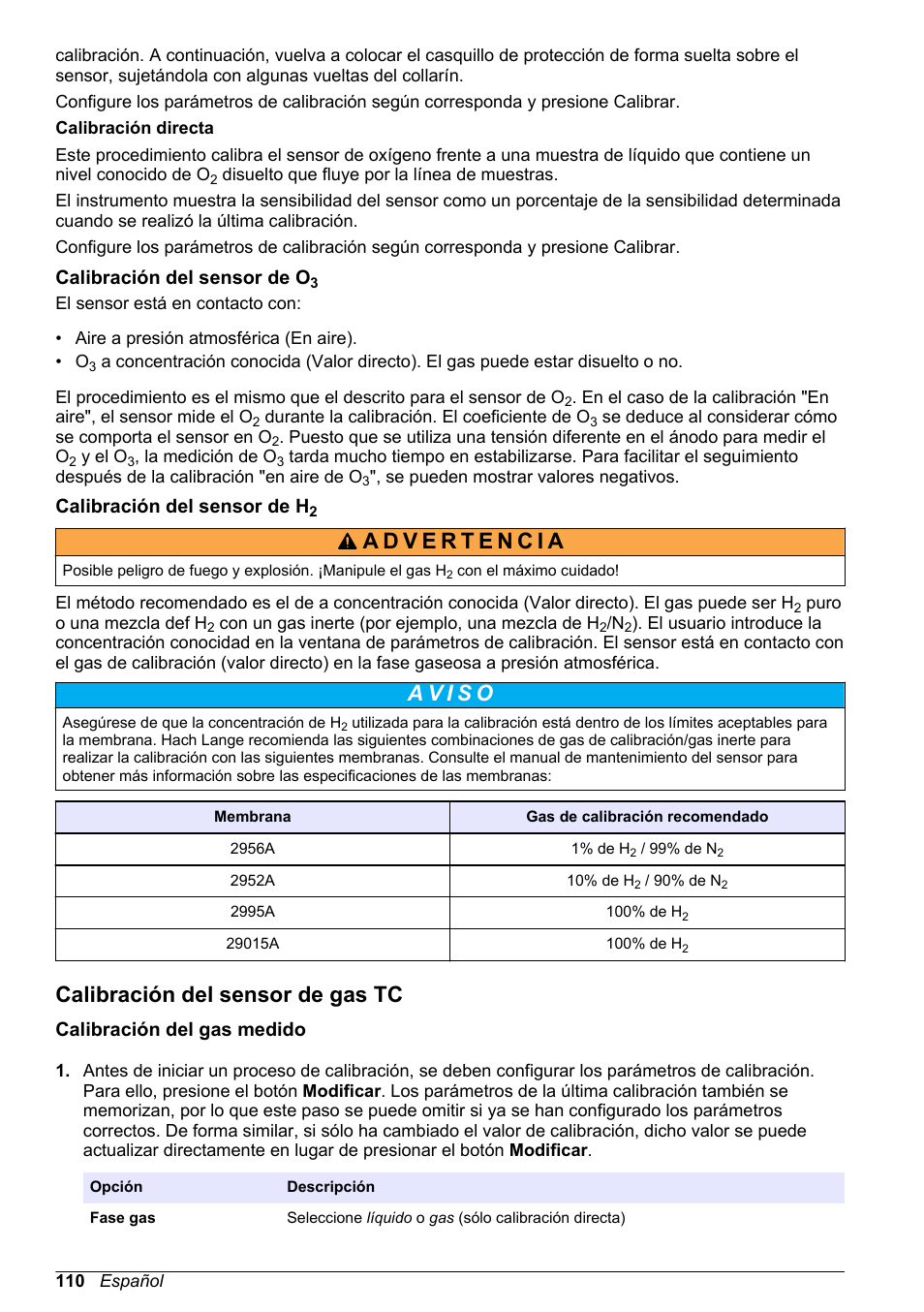 Calibración del sensor de o3, Calibración del sensor de h2, Calibración del sensor de gas tc | Calibración del gas medido | Hach-Lange ORBISPHERE 510_51x Basic User Manual User Manual | Page 110 / 204
