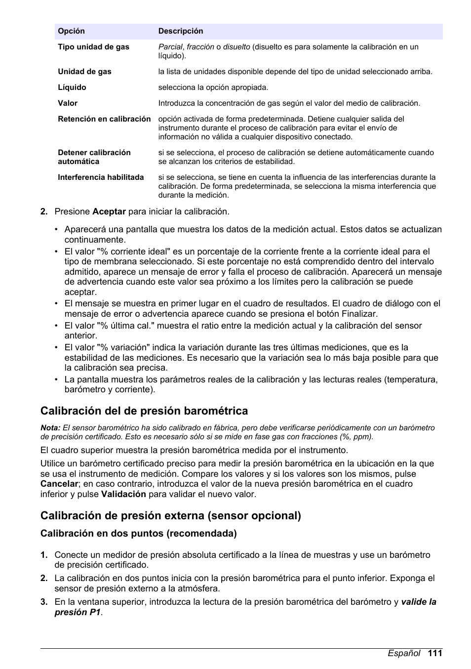 Calibración del de presión barométrica, Calibración de presión externa (sensor opcional), Calibración en dos puntos (recomendada) | Hach-Lange ORBISPHERE 510_51x Basic User Manual User Manual | Page 111 / 204
