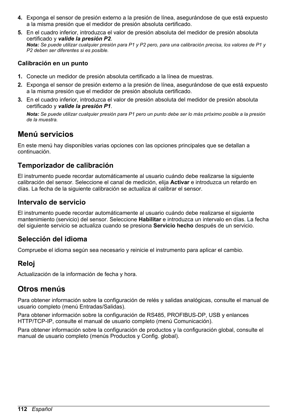 Calibración en un punto, Menú servicios, Temporizador de calibración | Intervalo de servicio, Selección del idioma, Reloj, Otros menús | Hach-Lange ORBISPHERE 510_51x Basic User Manual User Manual | Page 112 / 204
