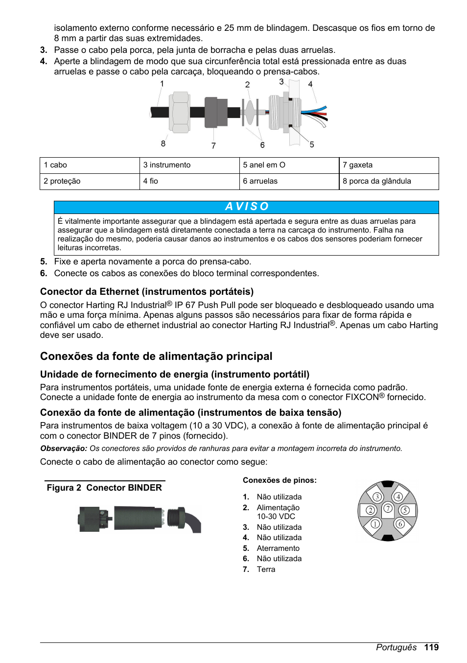 Conector da ethernet (instrumentos portáteis), Conexões da fonte de alimentação principal | Hach-Lange ORBISPHERE 510_51x Basic User Manual User Manual | Page 119 / 204
