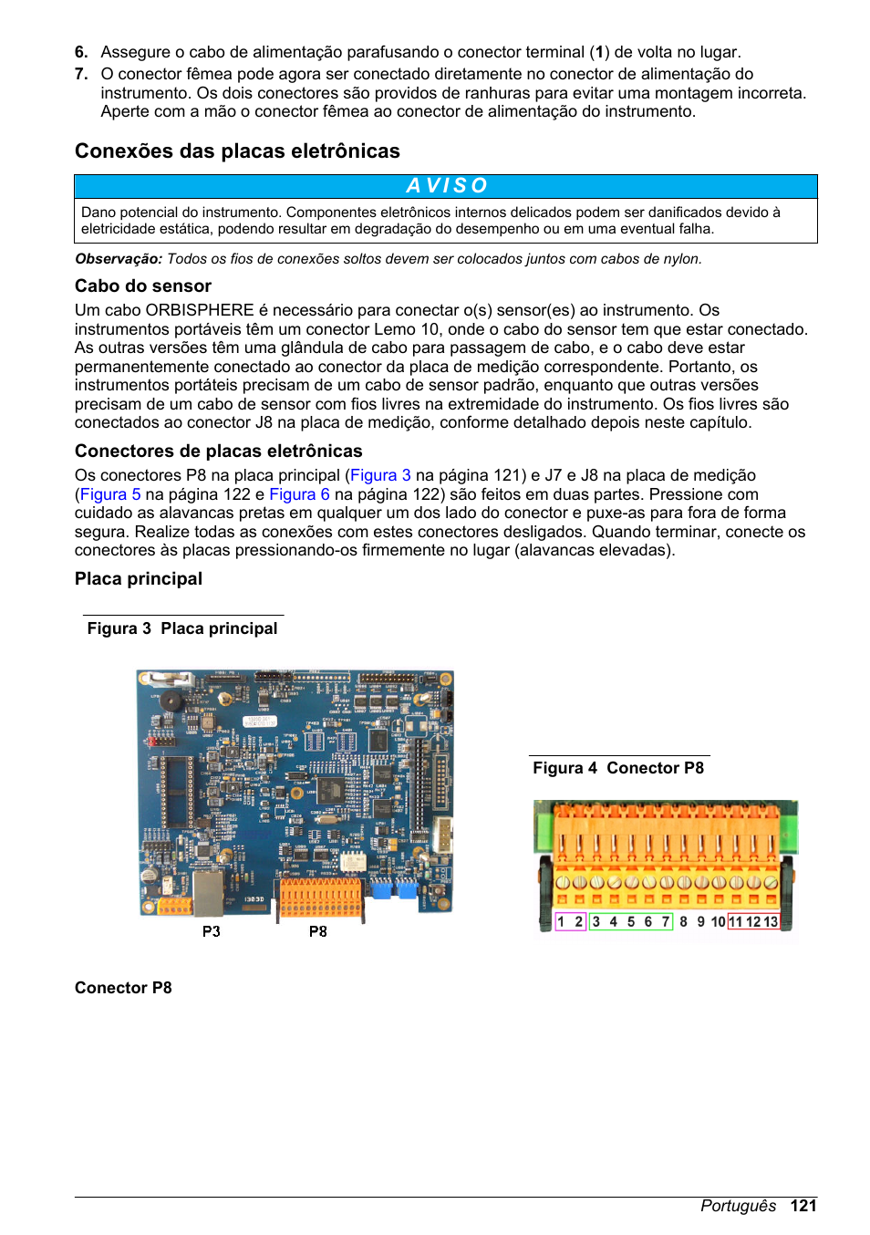 Conexões das placas eletrônicas, Cabo do sensor, Conectores de placas eletrônicas | Placa principal | Hach-Lange ORBISPHERE 510_51x Basic User Manual User Manual | Page 121 / 204
