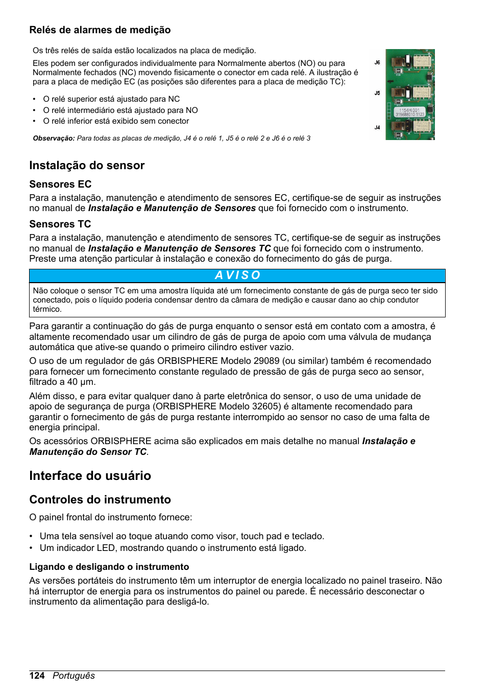 Relés de alarmes de medição, Instalação do sensor, Sensores ec | Sensores tc, Interface do usuário, Controles do instrumento | Hach-Lange ORBISPHERE 510_51x Basic User Manual User Manual | Page 124 / 204