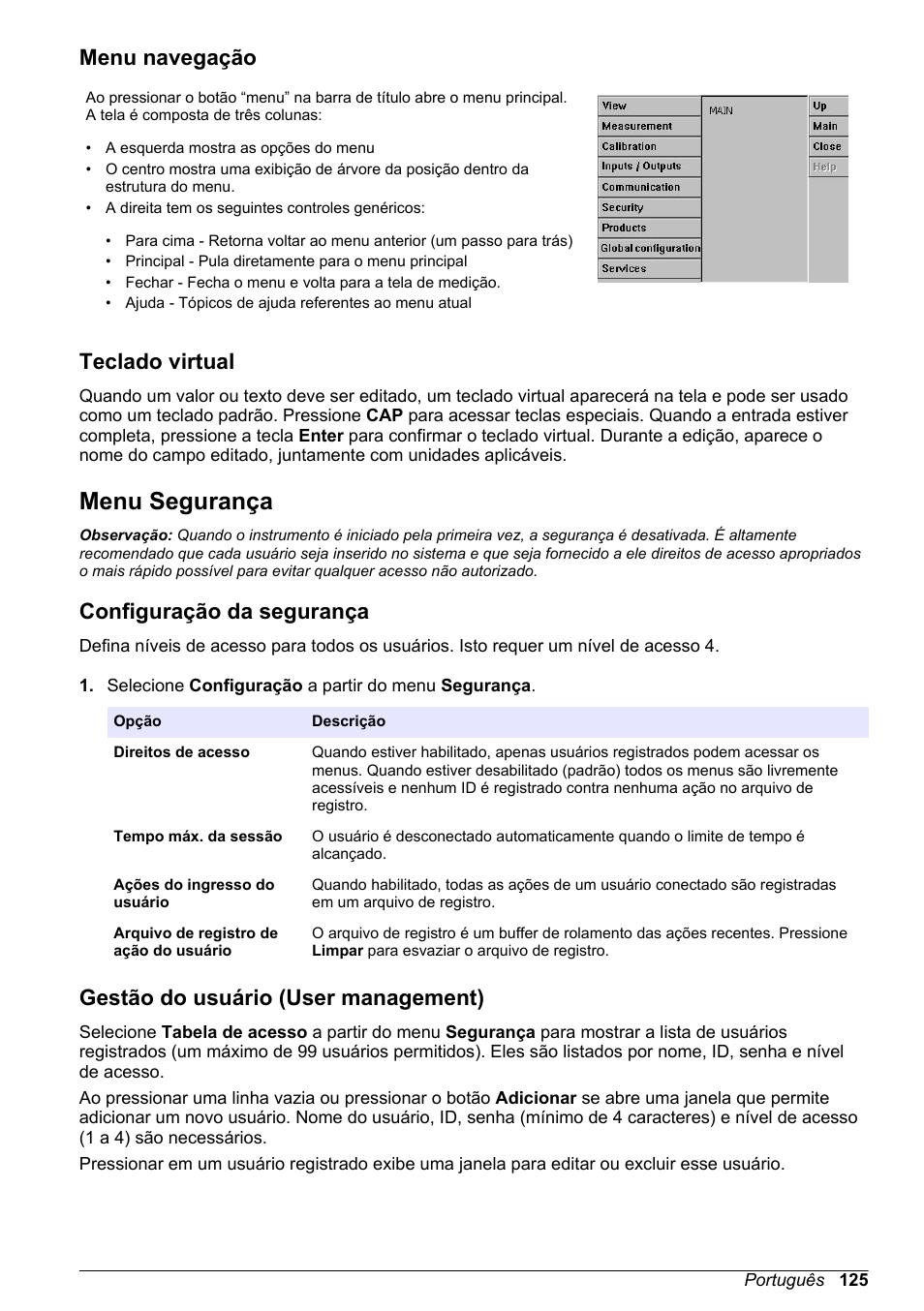 Menu navegação, Teclado virtual, Menu segurança | Configuração da segurança, Gestão do usuário (user management) | Hach-Lange ORBISPHERE 510_51x Basic User Manual User Manual | Page 125 / 204