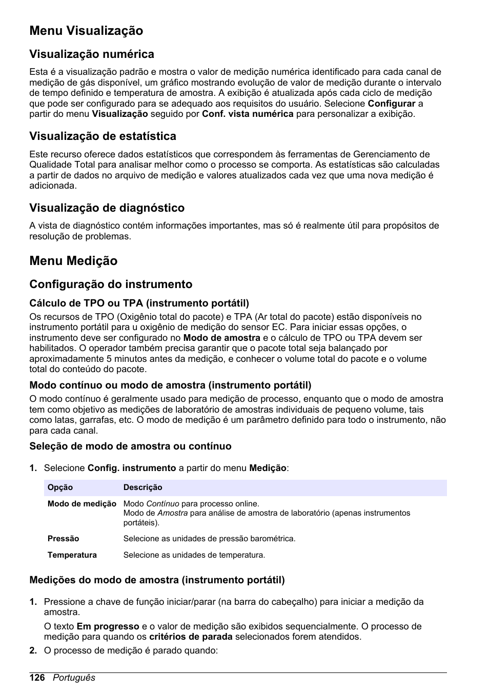 Menu visualização, Visualização numérica, Visualização de estatística | Visualização de diagnóstico, Menu medição, Configuração do instrumento, Cálculo de tpo ou tpa (instrumento portátil), Seleção de modo de amostra ou contínuo, Medições do modo de amostra (instrumento portátil) | Hach-Lange ORBISPHERE 510_51x Basic User Manual User Manual | Page 126 / 204