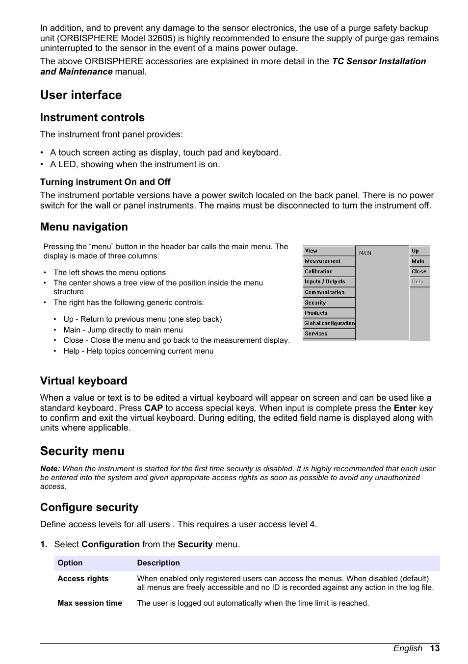 User interface, Instrument controls, Menu navigation | Virtual keyboard, Security menu, Configure security | Hach-Lange ORBISPHERE 510_51x Basic User Manual User Manual | Page 13 / 204