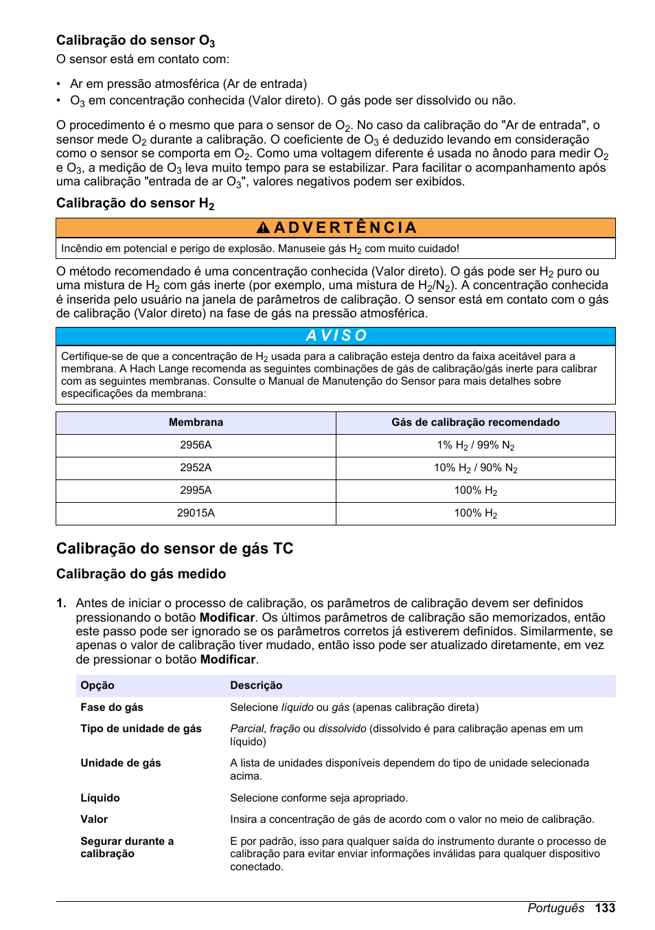 Calibração do sensor o3, Calibração do sensor h2, Calibração do sensor de gás tc | Calibração do gás medido | Hach-Lange ORBISPHERE 510_51x Basic User Manual User Manual | Page 133 / 204