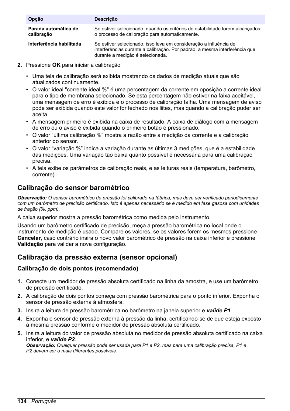 Calibração do sensor barométrico, Calibração da pressão externa (sensor opcional), Calibração de dois pontos (recomendado) | Hach-Lange ORBISPHERE 510_51x Basic User Manual User Manual | Page 134 / 204