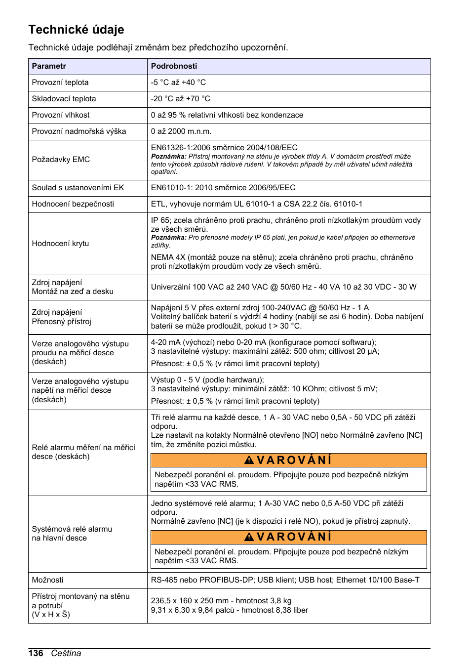 Základní uživatelská příručka, Technické údaje, Čeština | Hach-Lange ORBISPHERE 510_51x Basic User Manual User Manual | Page 136 / 204