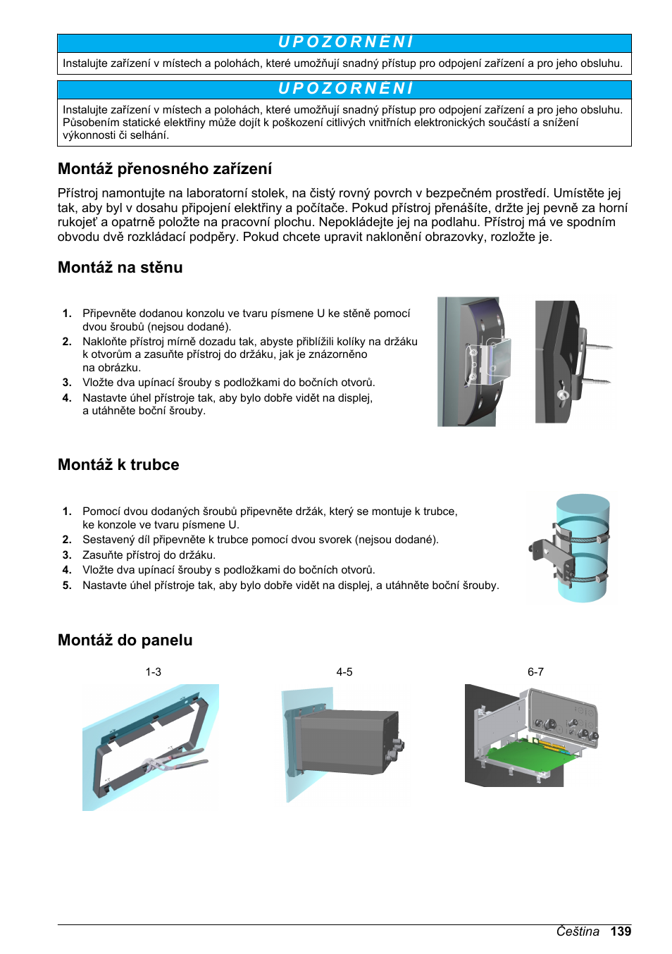 Montáž přenosného zařízení, Montáž na stěnu, Montáž k trubce | Montáž do panelu | Hach-Lange ORBISPHERE 510_51x Basic User Manual User Manual | Page 139 / 204