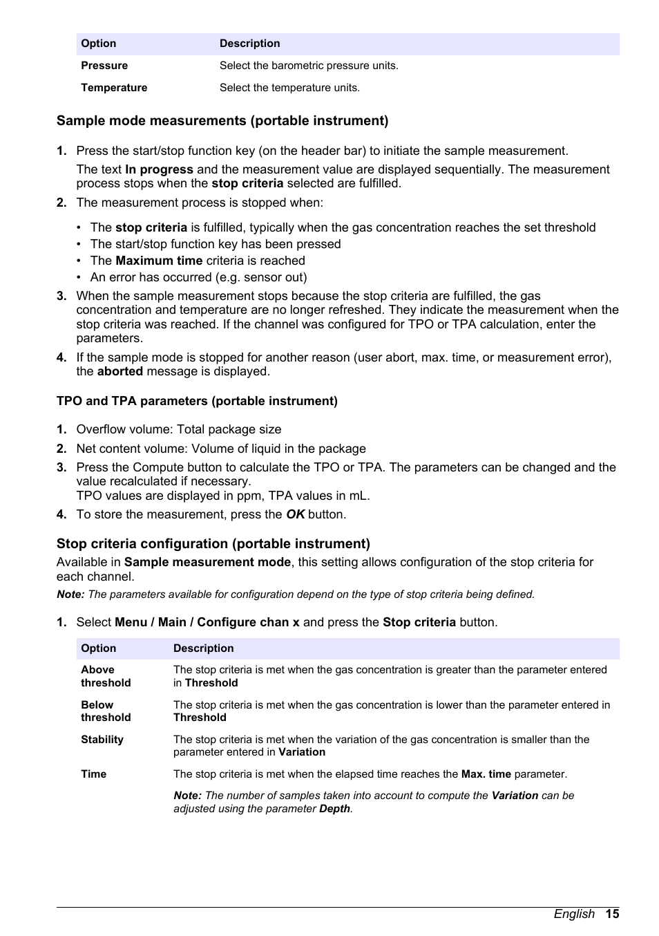 Sample mode measurements (portable instrument), Tpo and tpa parameters (portable instrument), Stop criteria configuration (portable instrument) | Hach-Lange ORBISPHERE 510_51x Basic User Manual User Manual | Page 15 / 204