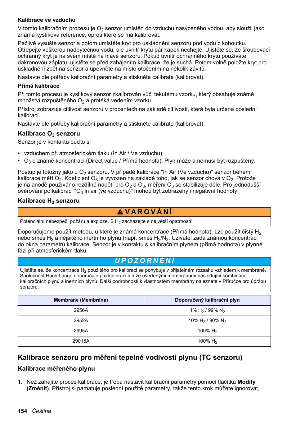 Kalibrace o3 senzoru, Kalibrace h2 senzoru, Kalibrace měřeného plynu | Hach-Lange ORBISPHERE 510_51x Basic User Manual User Manual | Page 154 / 204