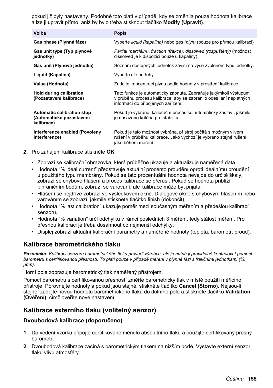 Kalibrace barometrického tlaku, Kalibrace externího tlaku (volitelný senzor), Dvoubodová kalibrace (doporučeno) | Hach-Lange ORBISPHERE 510_51x Basic User Manual User Manual | Page 155 / 204