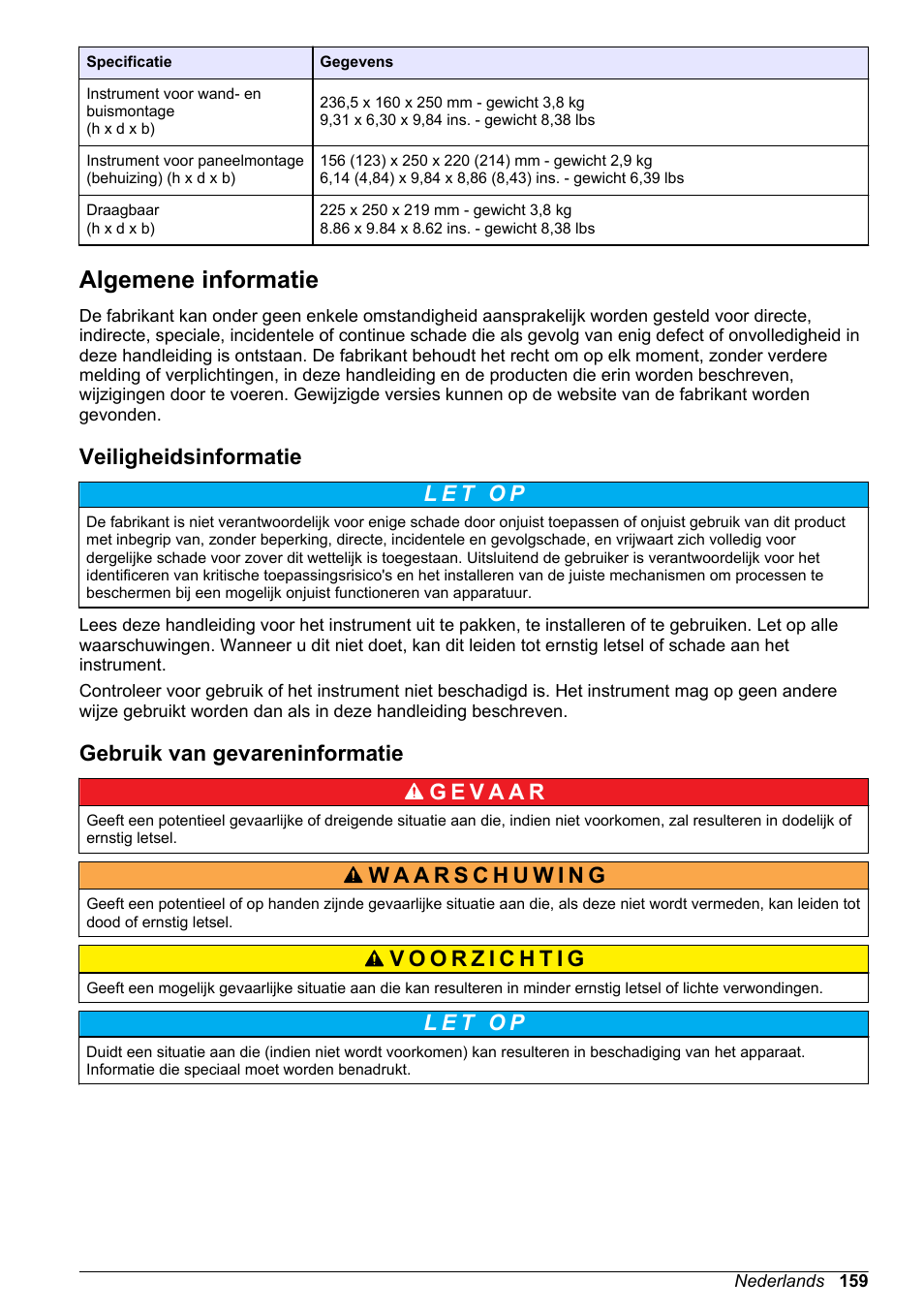 Algemene informatie, Veiligheidsinformatie, Gebruik van gevareninformatie | Hach-Lange ORBISPHERE 510_51x Basic User Manual User Manual | Page 159 / 204