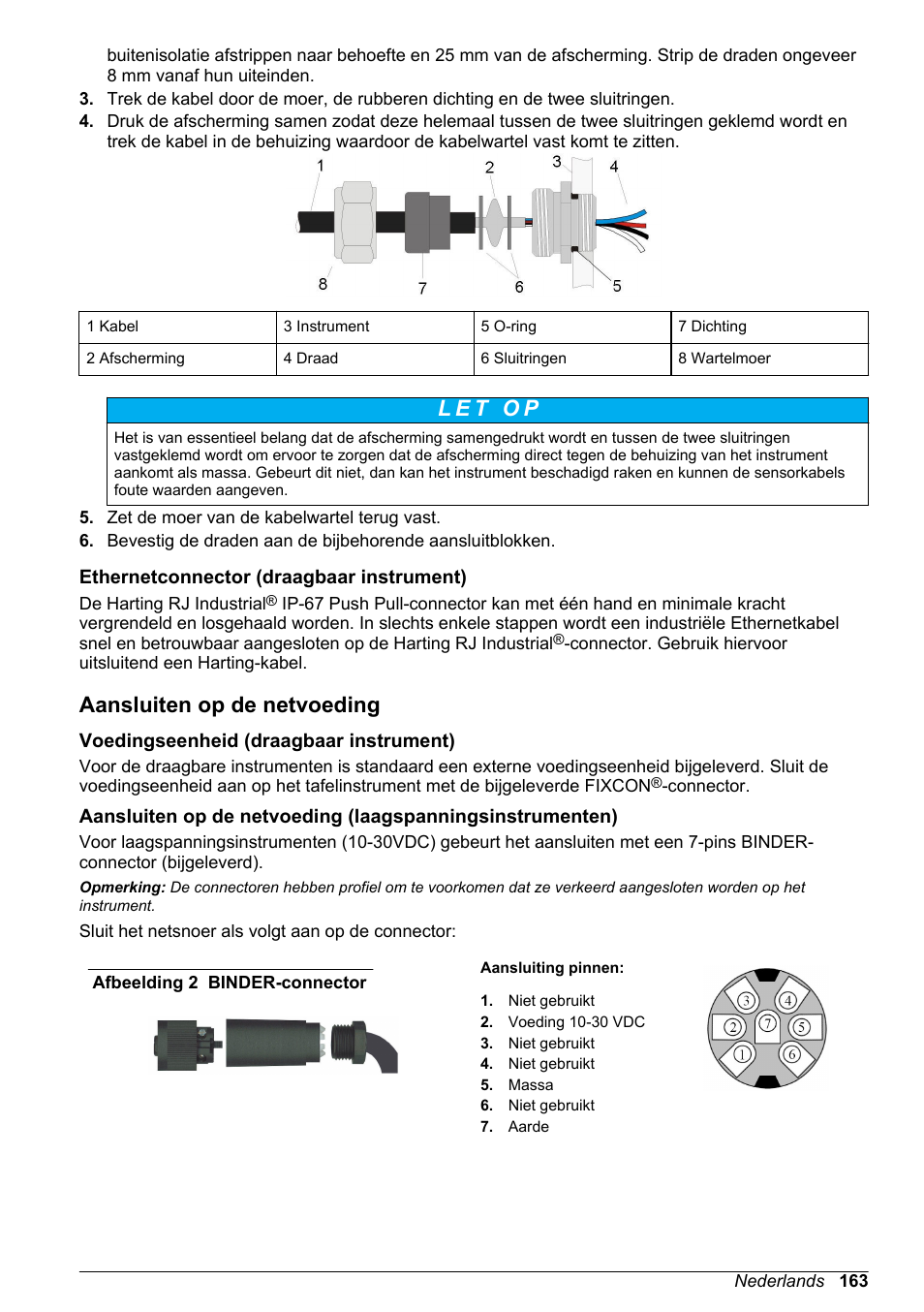 Ethernetconnector (draagbaar instrument), Aansluiten op de netvoeding, Voedingseenheid (draagbaar instrument) | Hach-Lange ORBISPHERE 510_51x Basic User Manual User Manual | Page 163 / 204
