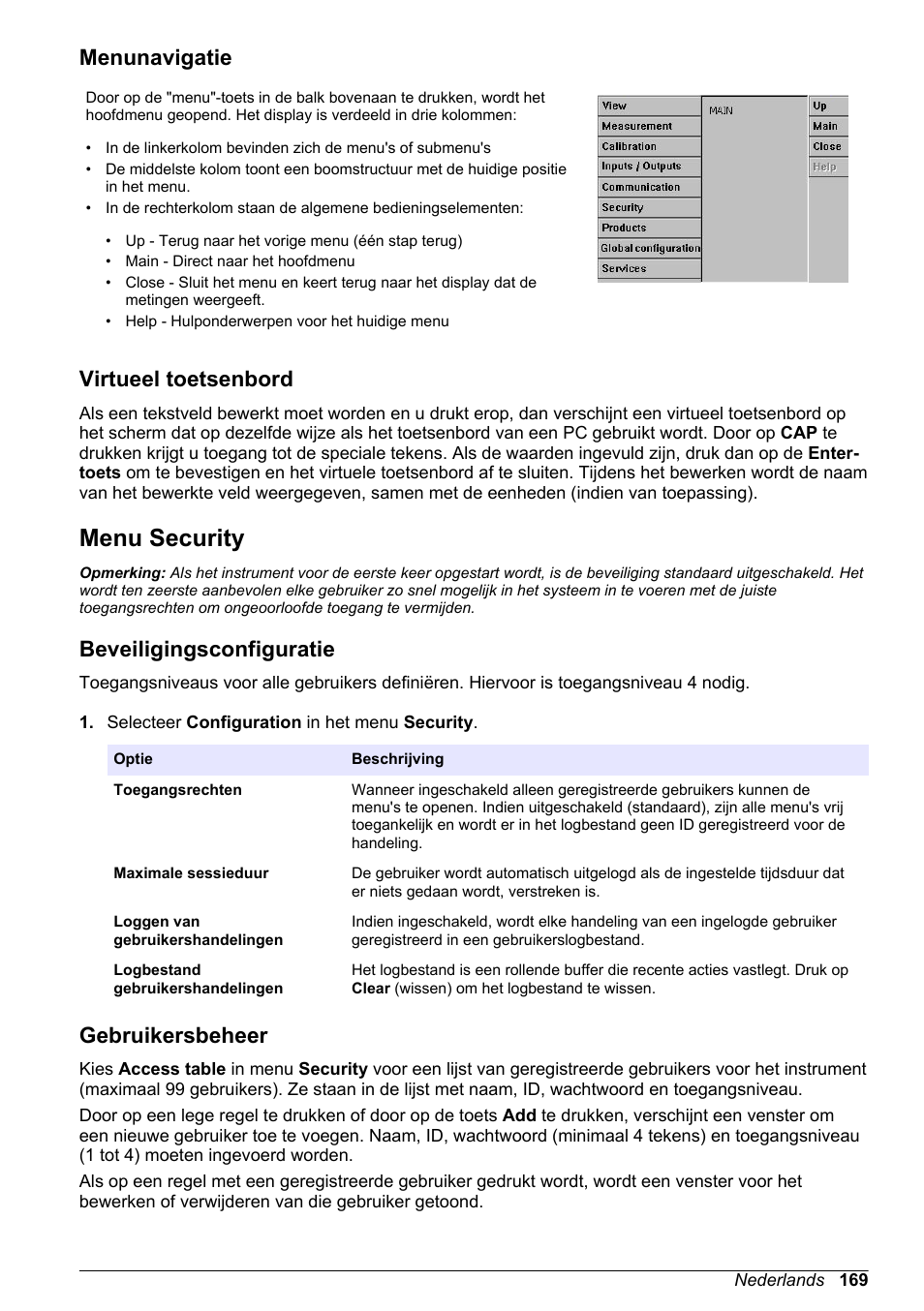 Menunavigatie, Virtueel toetsenbord, Menu security | Beveiligingsconfiguratie, Gebruikersbeheer | Hach-Lange ORBISPHERE 510_51x Basic User Manual User Manual | Page 169 / 204