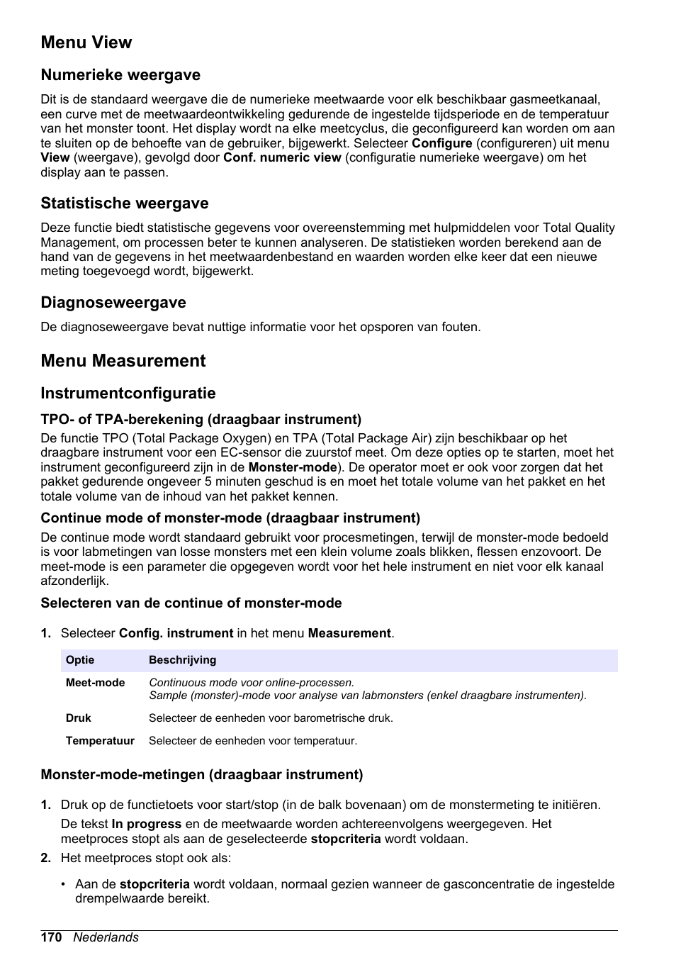 Menu view, Numerieke weergave, Statistische weergave | Diagnoseweergave, Menu measurement, Instrumentconfiguratie, Tpo- of tpa-berekening (draagbaar instrument), Selecteren van de continue of monster-mode, Monster-mode-metingen (draagbaar instrument) | Hach-Lange ORBISPHERE 510_51x Basic User Manual User Manual | Page 170 / 204