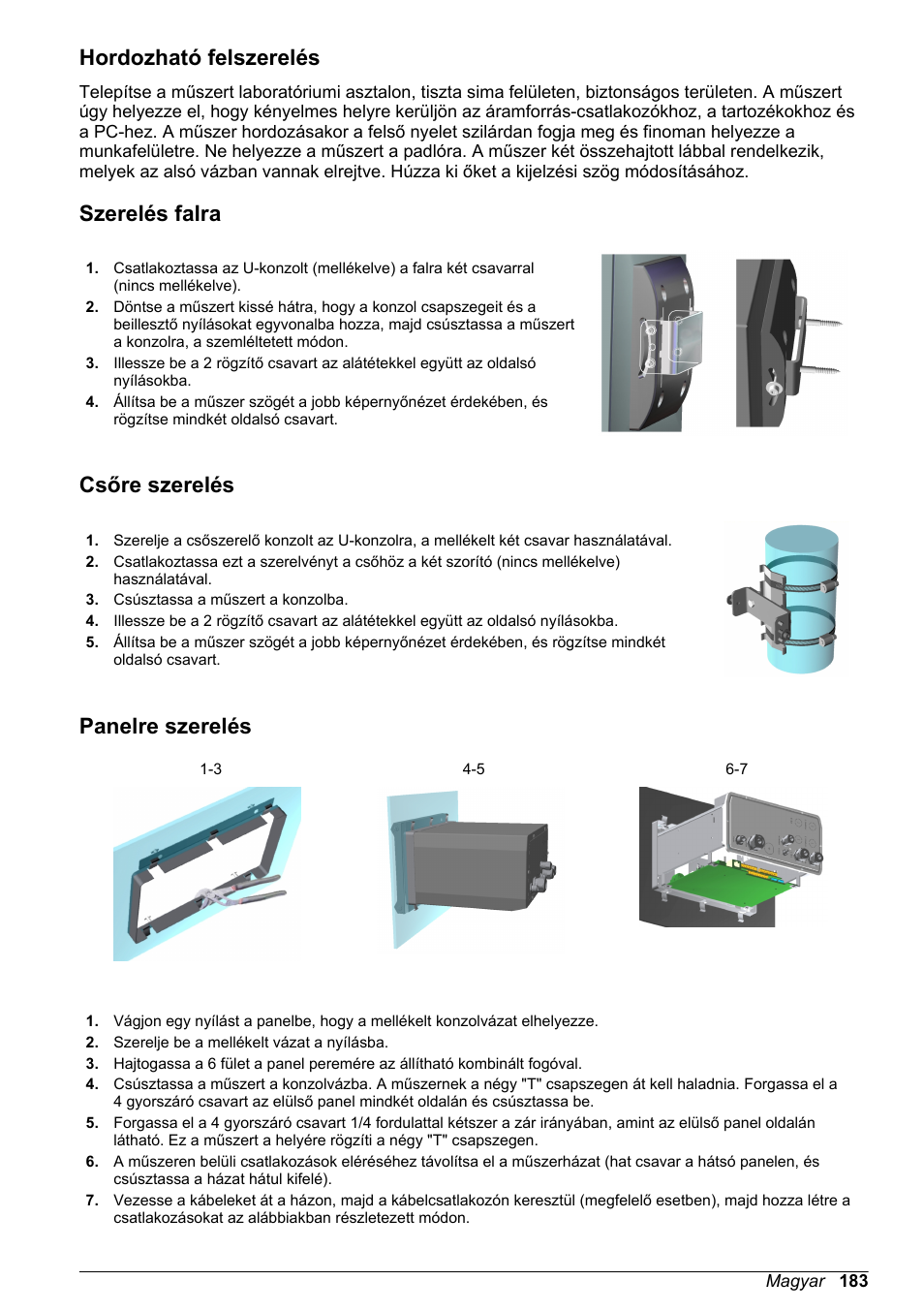 Hordozható felszerelés, Szerelés falra, Csőre szerelés | Panelre szerelés | Hach-Lange ORBISPHERE 510_51x Basic User Manual User Manual | Page 183 / 204