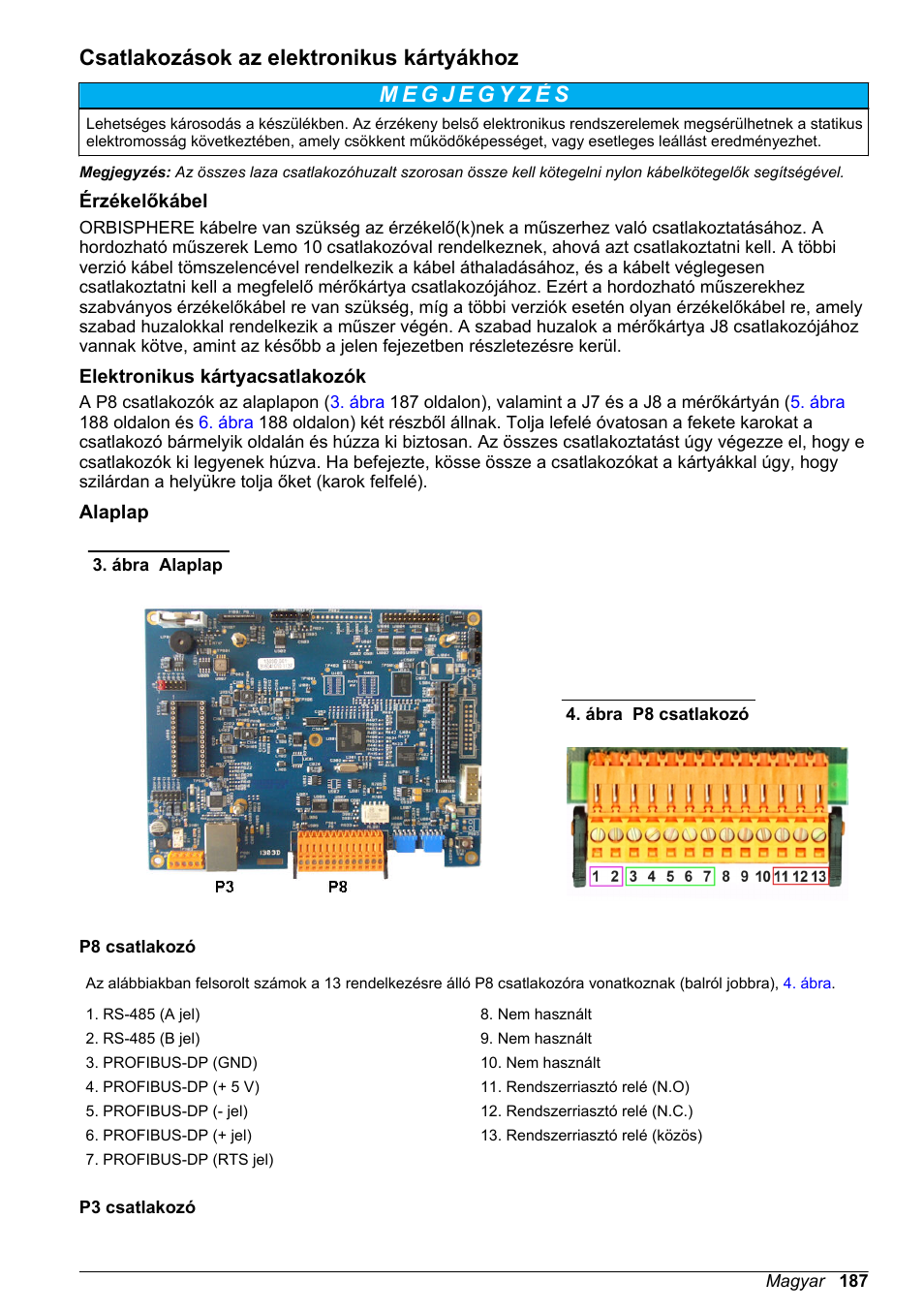Csatlakozások az elektronikus kártyákhoz, Érzékelőkábel, Elektronikus kártyacsatlakozók | Alaplap | Hach-Lange ORBISPHERE 510_51x Basic User Manual User Manual | Page 187 / 204