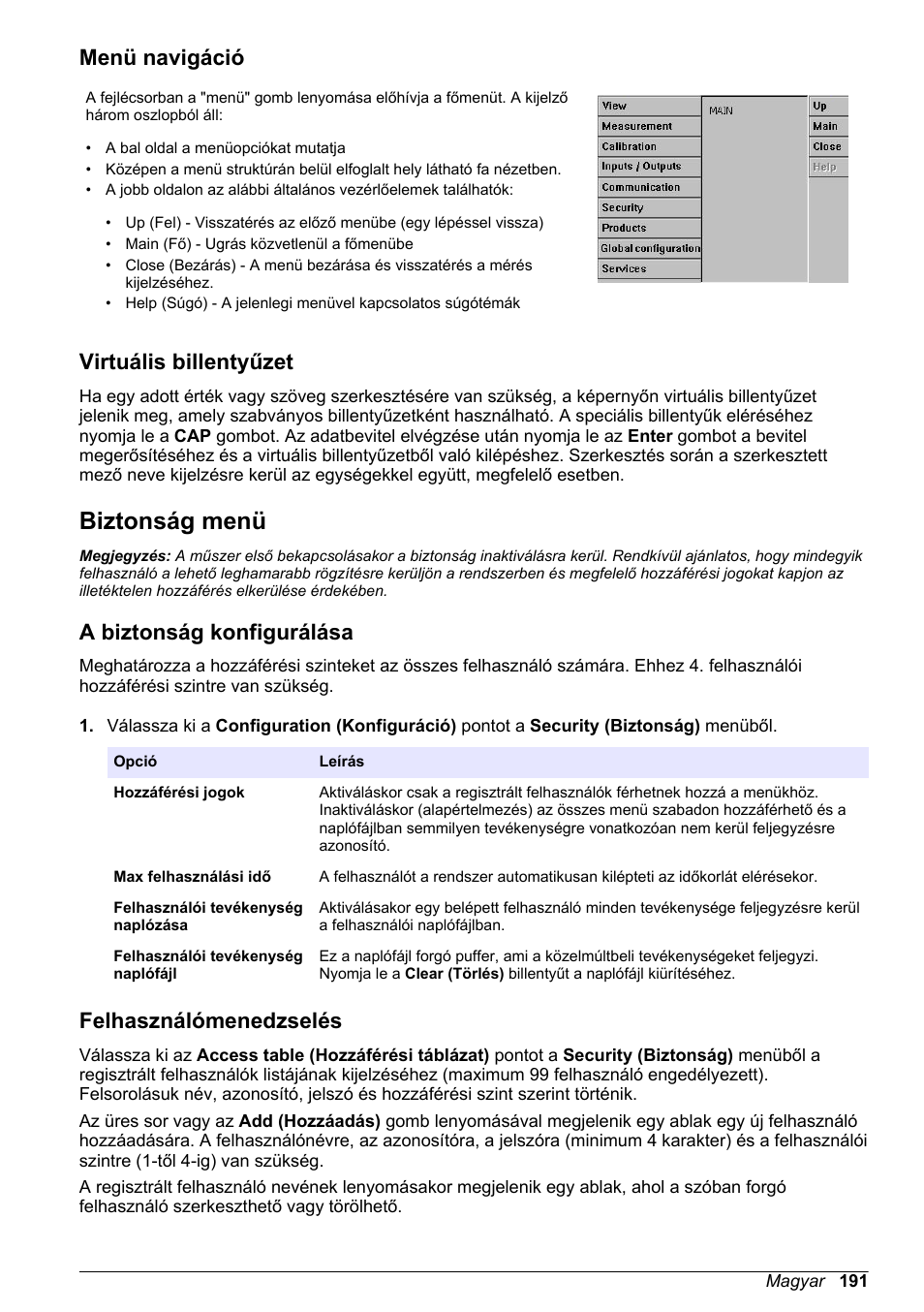 Menü navigáció, Virtuális billentyűzet, Biztonság menü | A biztonság konfigurálása, Felhasználómenedzselés | Hach-Lange ORBISPHERE 510_51x Basic User Manual User Manual | Page 191 / 204