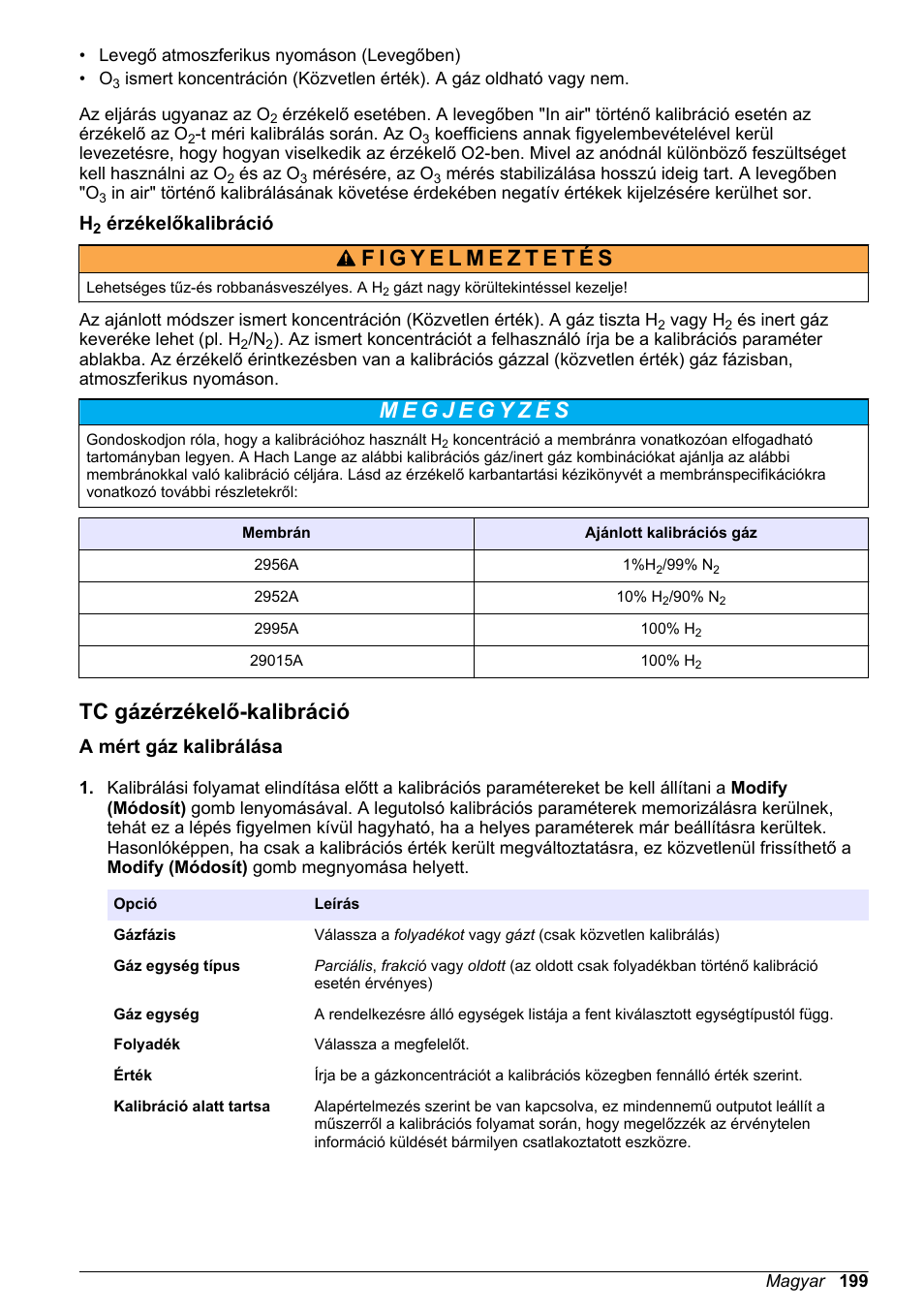 H2 érzékelőkalibráció, Tc gázérzékelő-kalibráció, A mért gáz kalibrálása | Hach-Lange ORBISPHERE 510_51x Basic User Manual User Manual | Page 199 / 204