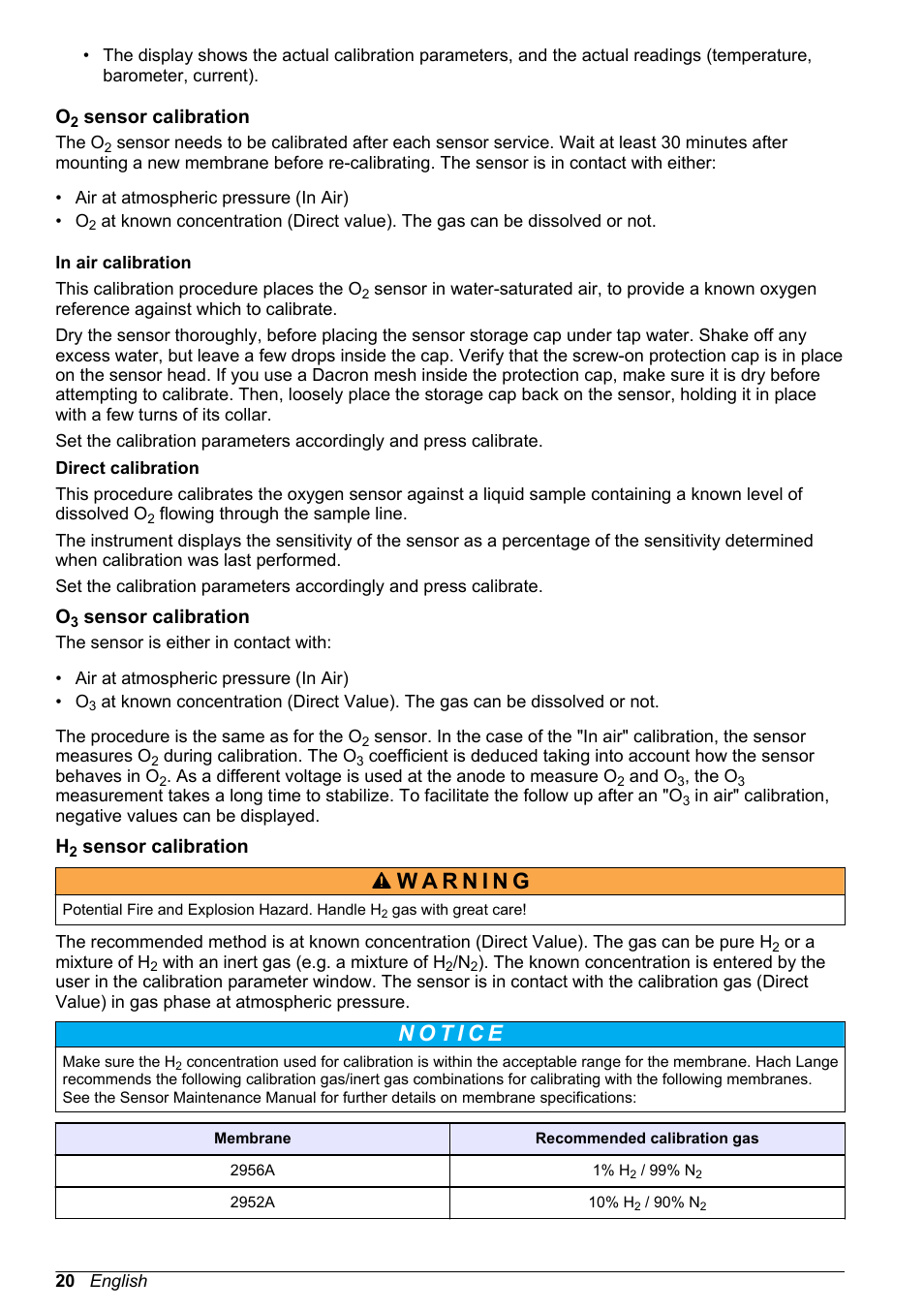 O2 sensor calibration, O3 sensor calibration, H2 sensor calibration | Hach-Lange ORBISPHERE 510_51x Basic User Manual User Manual | Page 20 / 204
