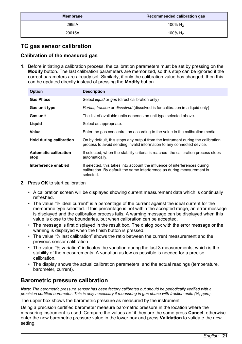 Tc gas sensor calibration, Calibration of the measured gas, Barometric pressure calibration | Hach-Lange ORBISPHERE 510_51x Basic User Manual User Manual | Page 21 / 204