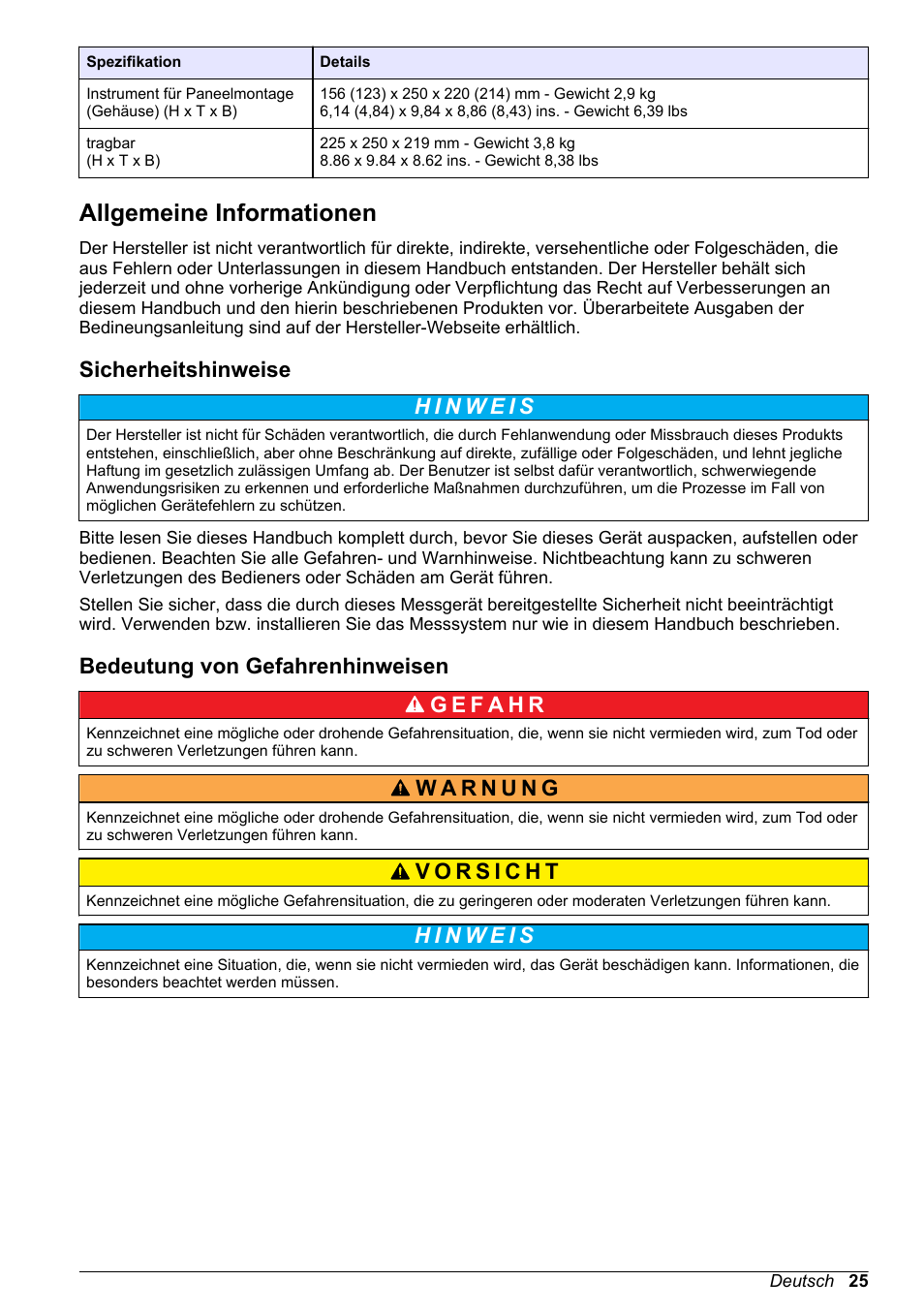 Allgemeine informationen, Sicherheitshinweise, Bedeutung von gefahrenhinweisen | Hach-Lange ORBISPHERE 510_51x Basic User Manual User Manual | Page 25 / 204